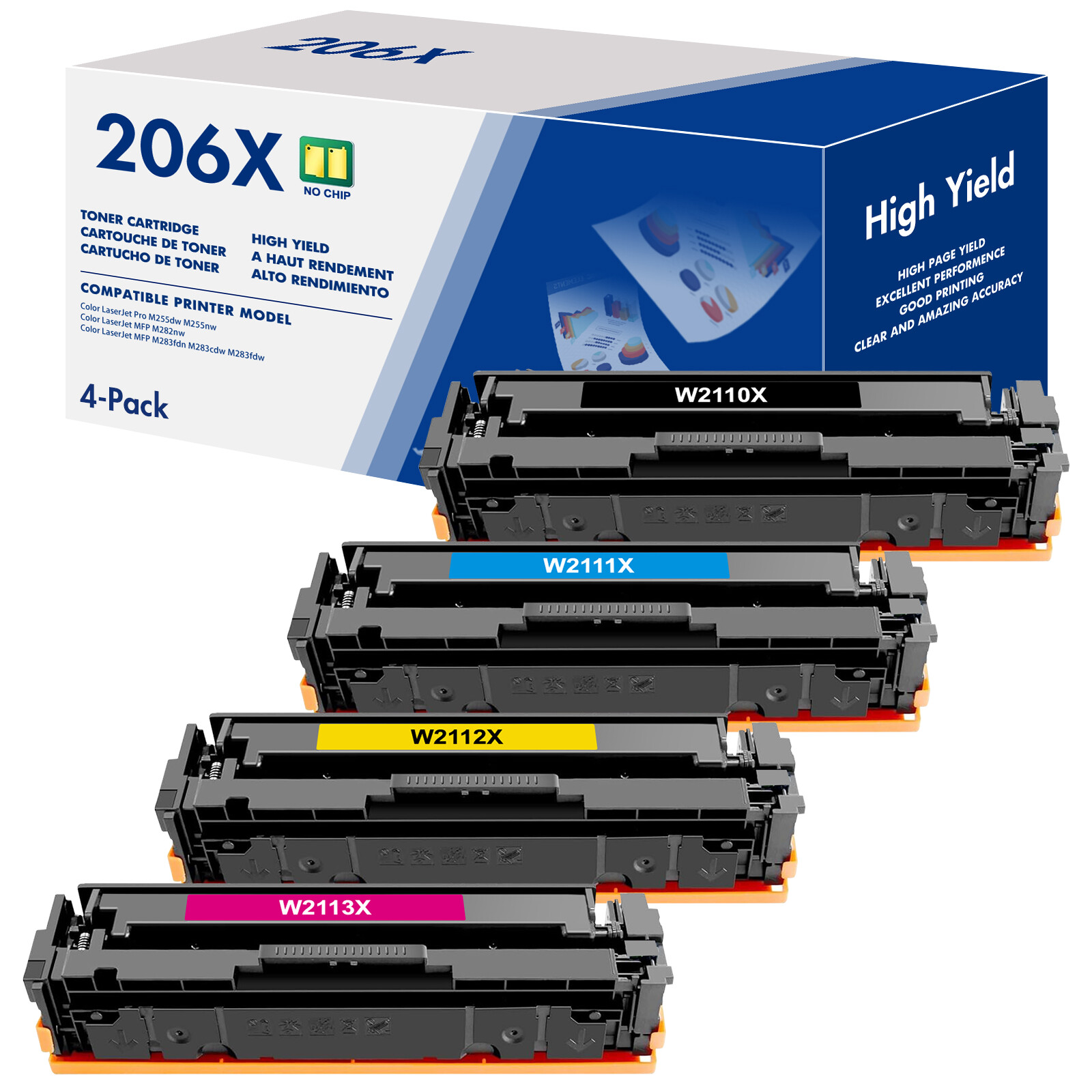 4PCS 206X W2110X Toner Fit For HP LaserJet MFP M282nw M283fdw M283cdw No Chip