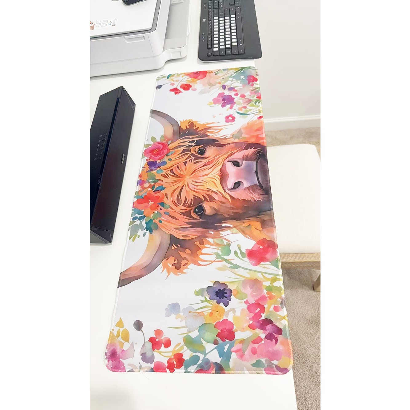 Cute Highland Cow & Wildflower Oversized Mouse Pad 31" X 11.5" Desk Mat