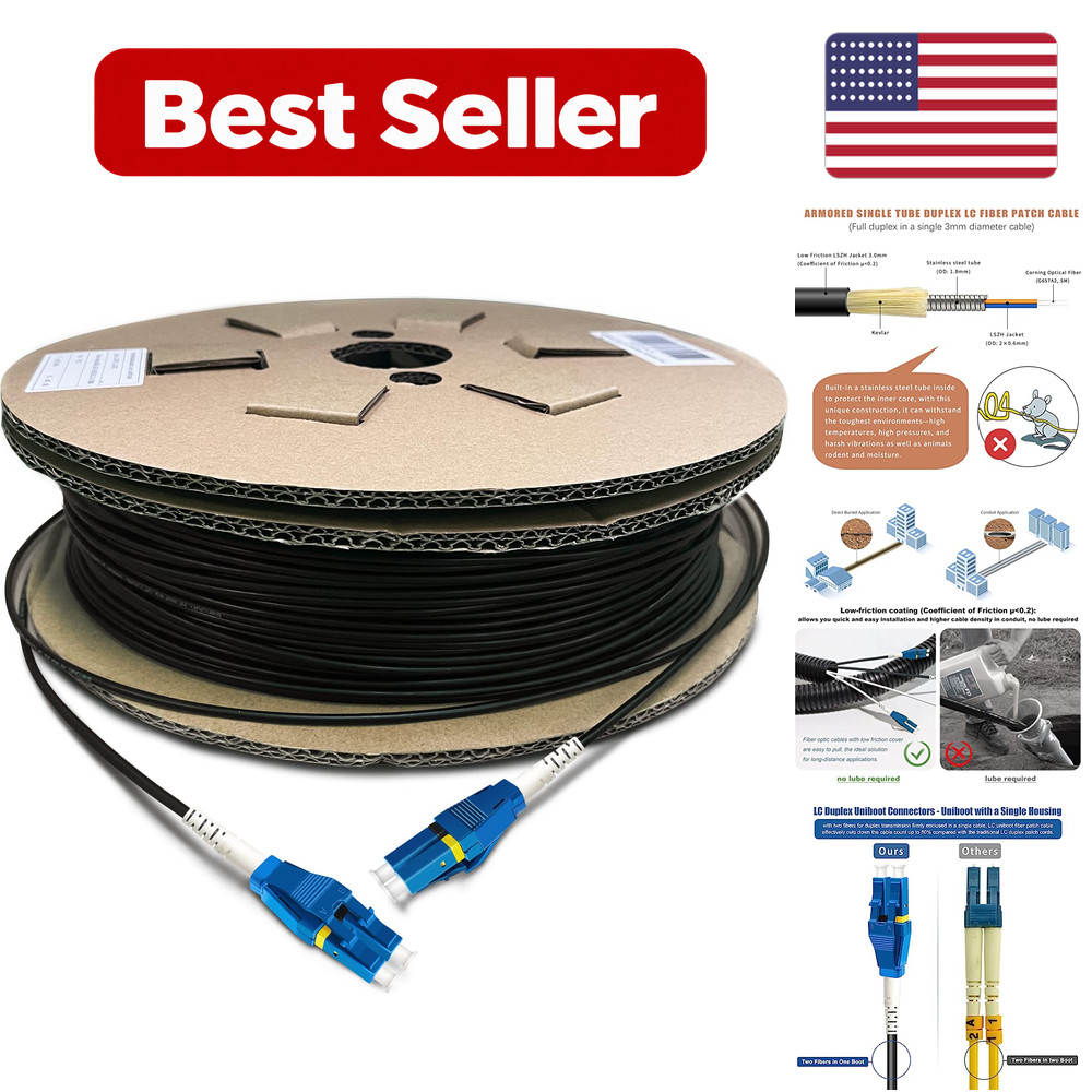 Optical Fiber Patch Cable 100m(330ft) Black 1 Pack Armored Uniboot LC to LC