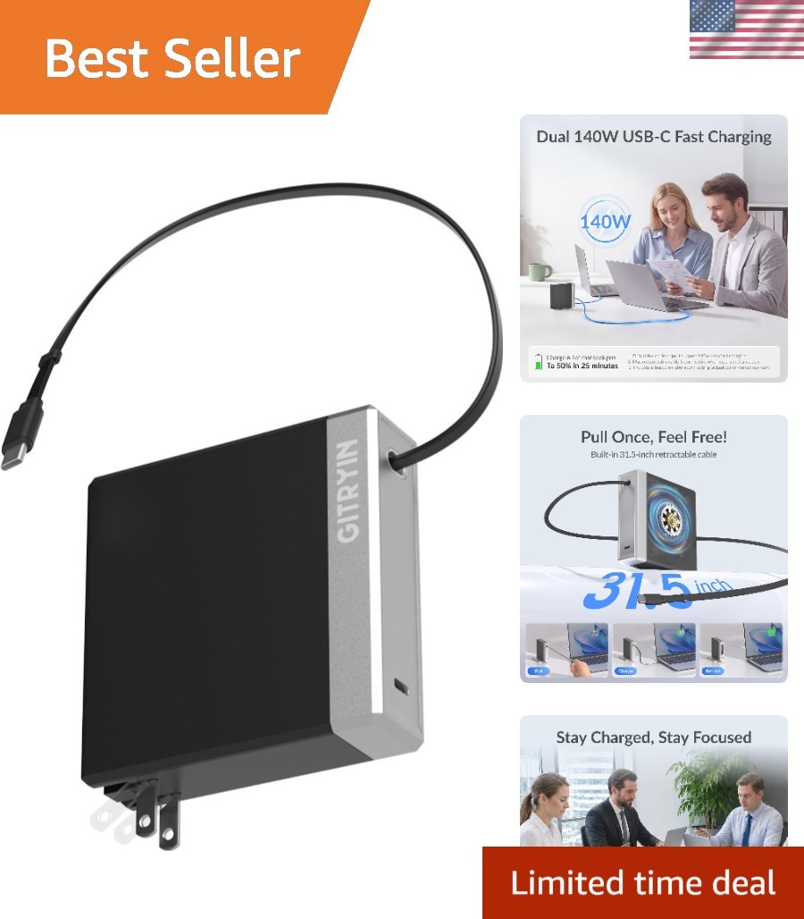 High-Speed 140W USB-C Laptop Charger with 31.5in Retractable Cable - Dual Ports