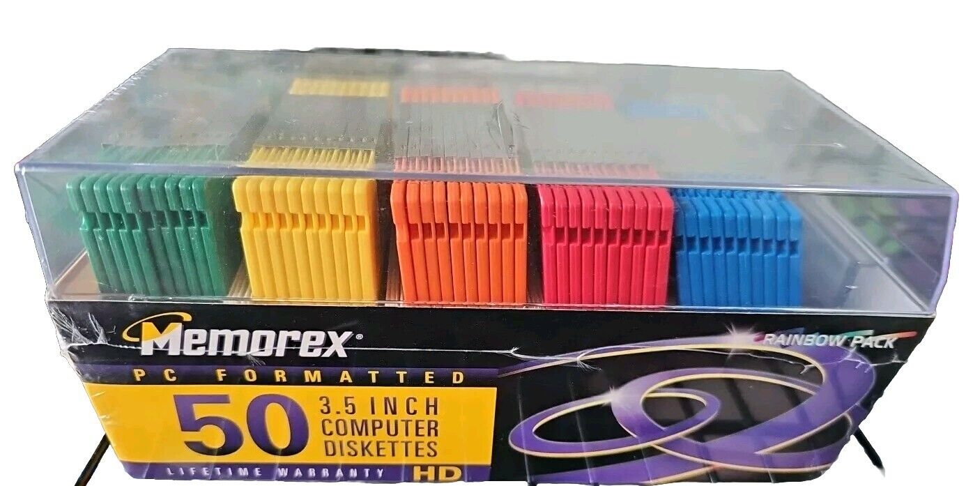 50 Memorex 2SHD Computer Floppy Disk 3.5” Rainbow Pack Sealed New