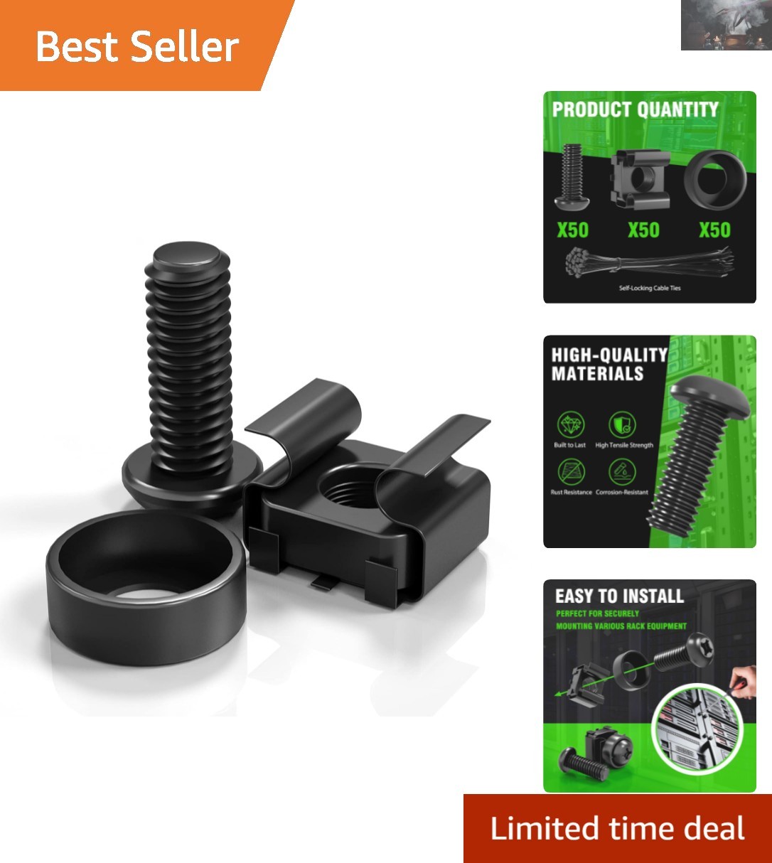 50 Pcs M6 Rack Mount Cage Nuts, Screws & Self-Locking Cable Ties - Complete Kit