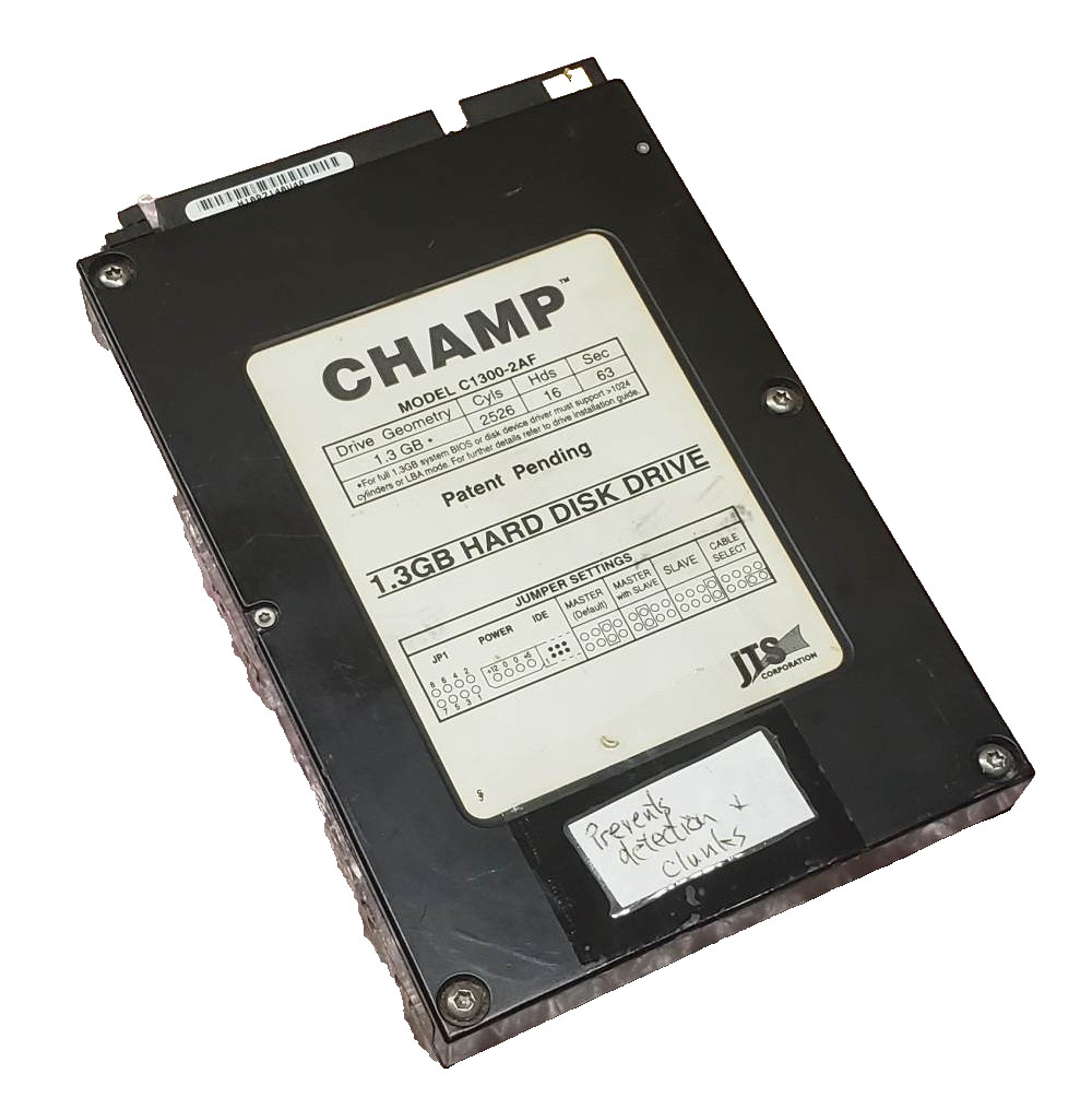 Vintage JTS Champ C1300-2AF 1.3GB IDE hard disk drive Born to be cheap, now dead