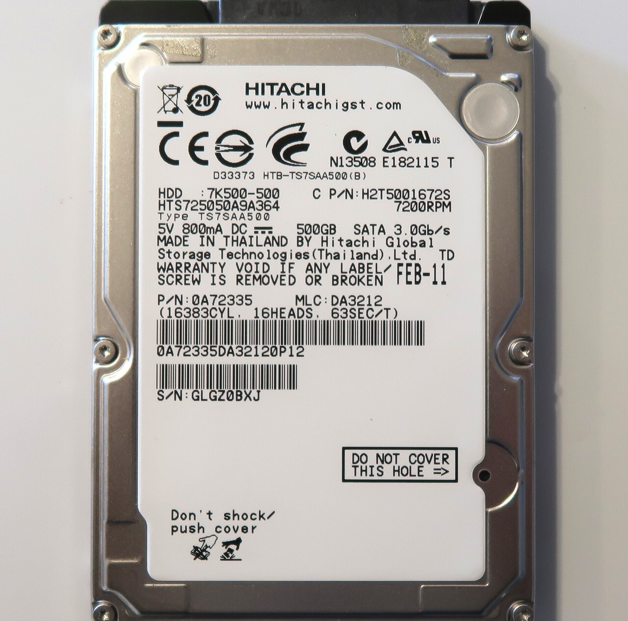 Hitachi HTS725050A9A364 PN:0A72335 (GLG) DA3212 2.5" 500gb Sata Thailand FEB-11