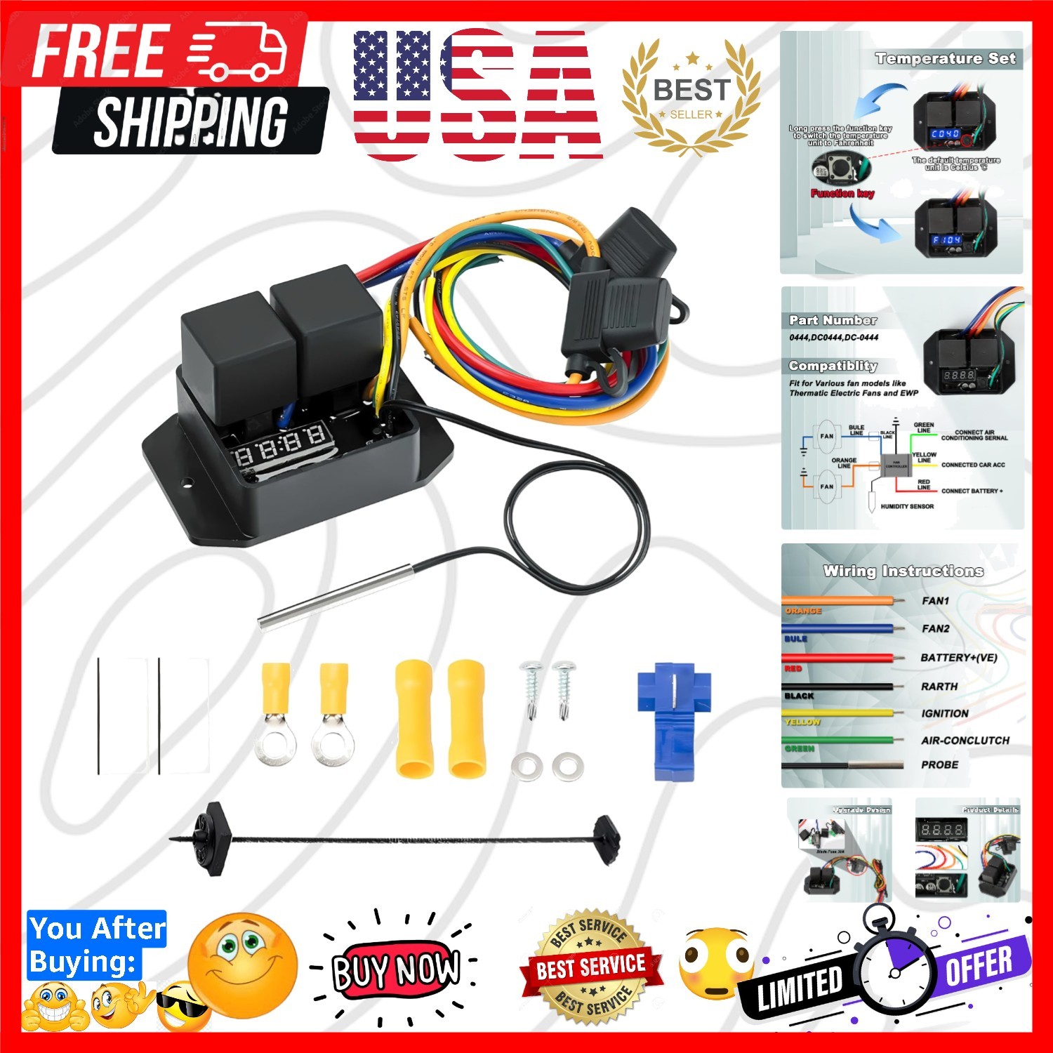 Digital Thermatic Fan Switch Kit and 24V, Adjustable Temperature Range Digita...
