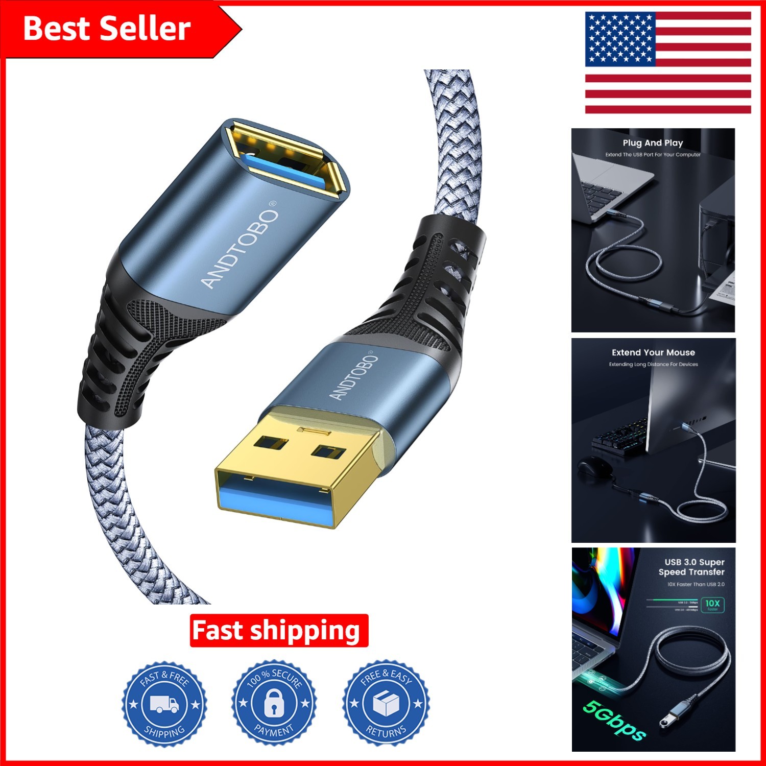 Durable 3.3ft USB Extension Cable for Gaming & Peripheral Devices - Fast Charge