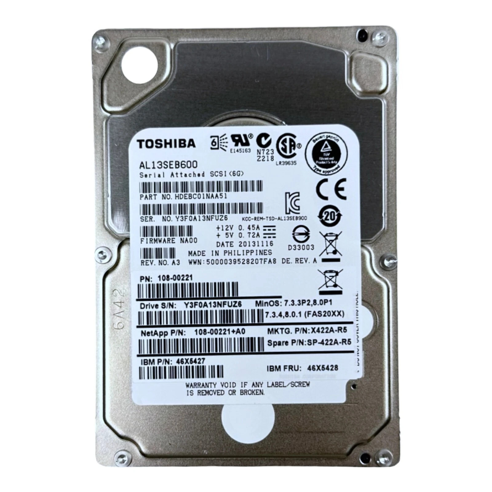 Toshiba NetApp 600GB SAS 2.5" 10K HDD Hard Drive AL13SEB600 108-00221+A0