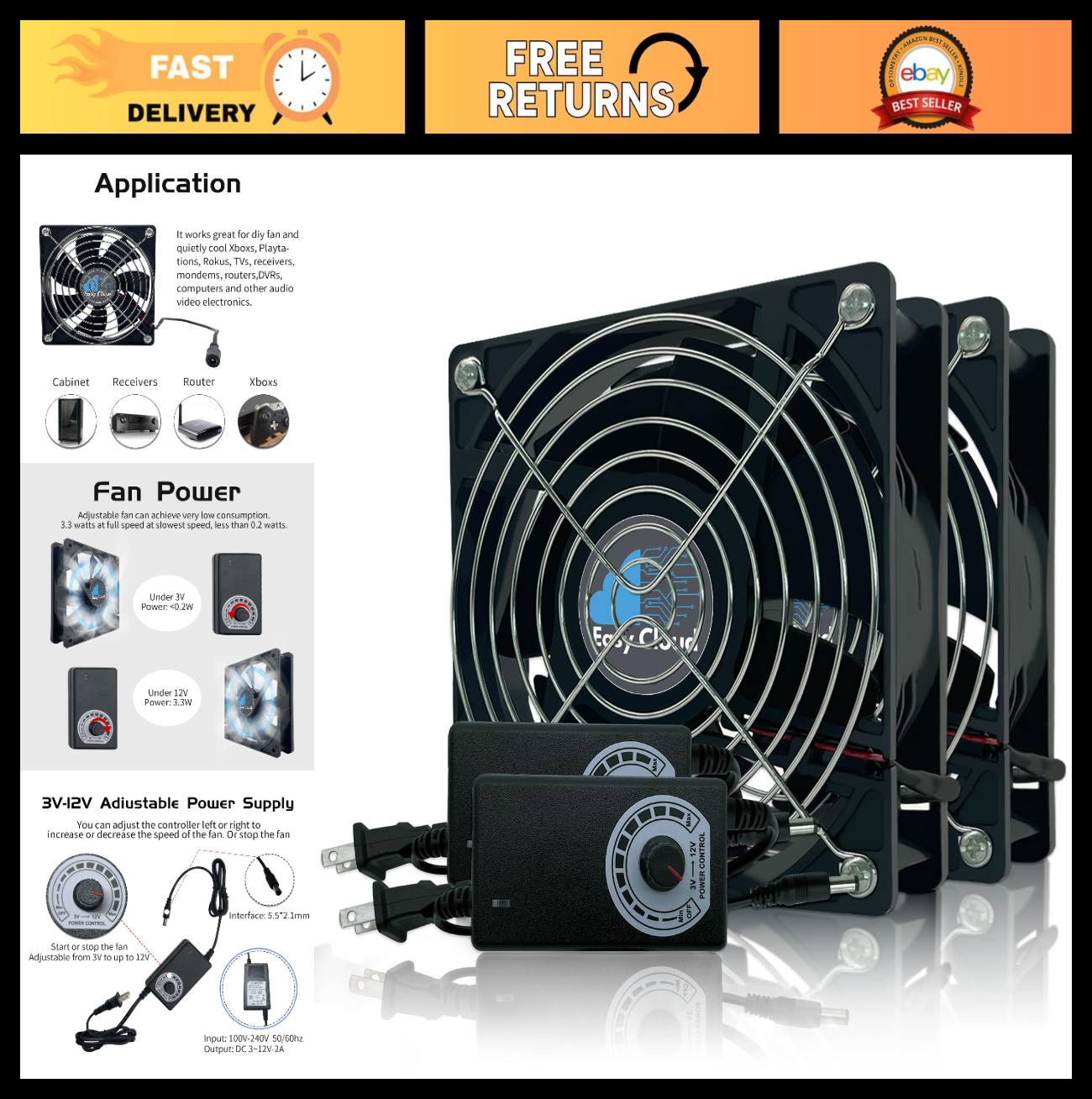 120mm Variable Speed Axial Muffin PC Fan with Controller - 2 Pack, Quiet Cooling
