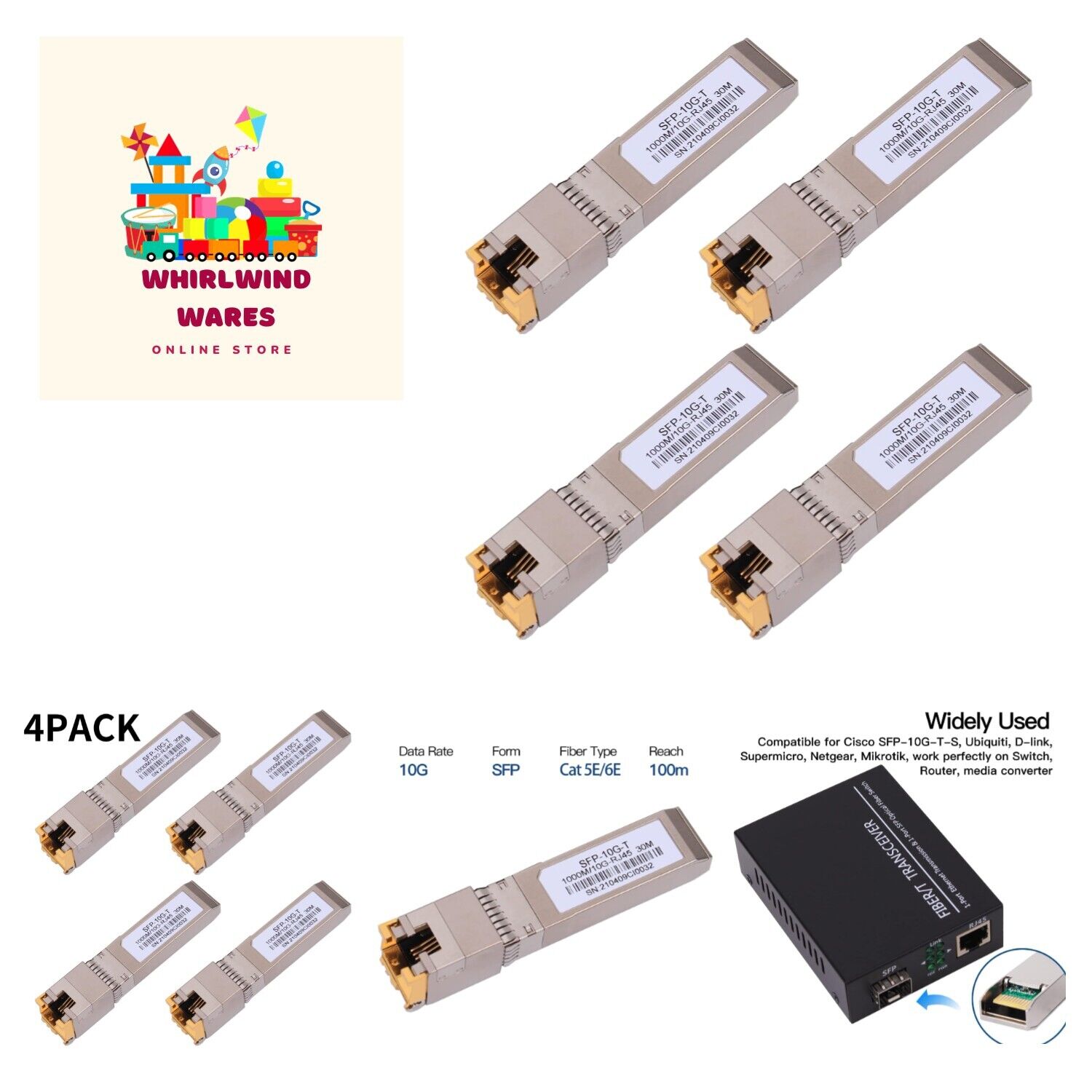 4PACK 10G SFP+ RJ45 Copper Transceiver, 10GBase-T Module SFP CAT.6a/7 up to 3...