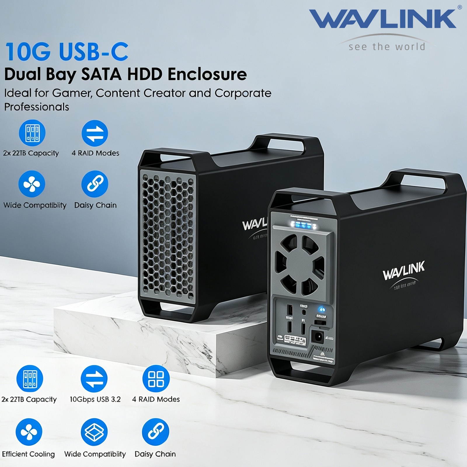 WAVLINK 2.5/3.5" SATA HDD/SSD Hard Drive Enclosure RAID Docking Station 44TB