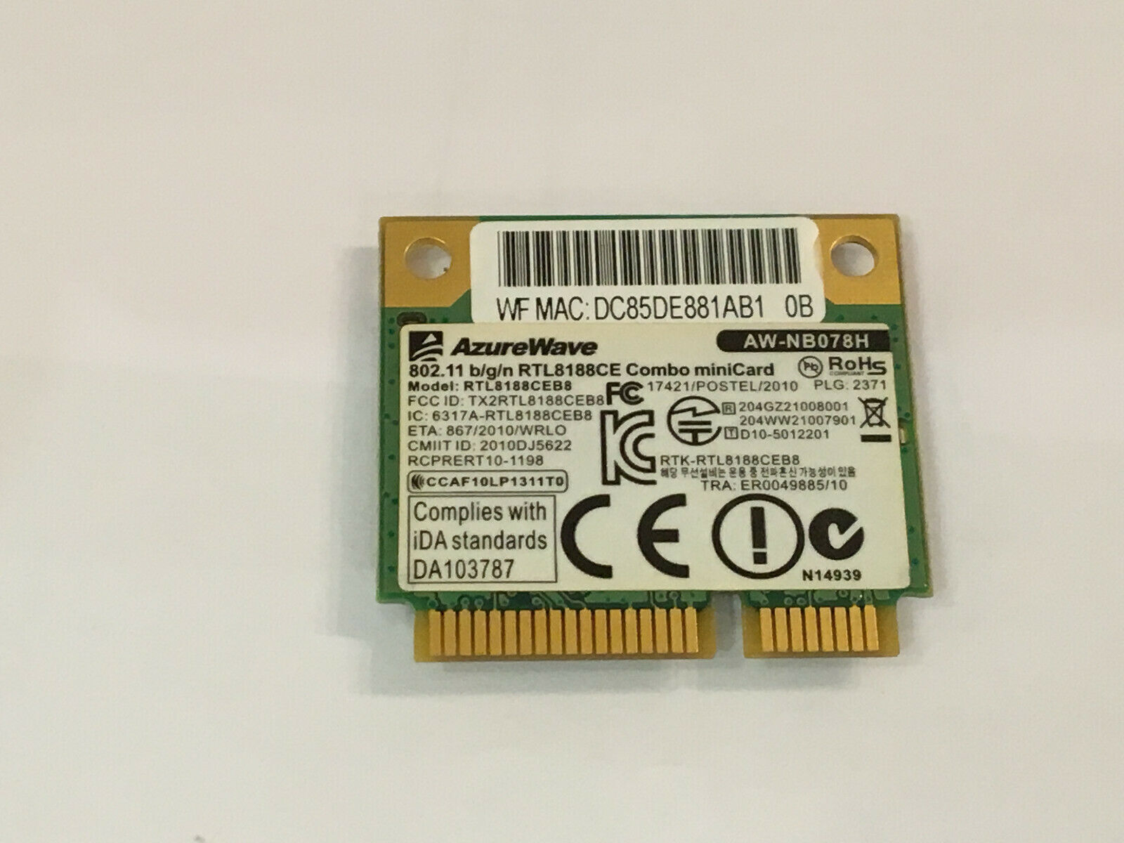 Azureware AW-NB078H Wireless-N 802.11b/g/n PCIe Mini Card RTL8188CE