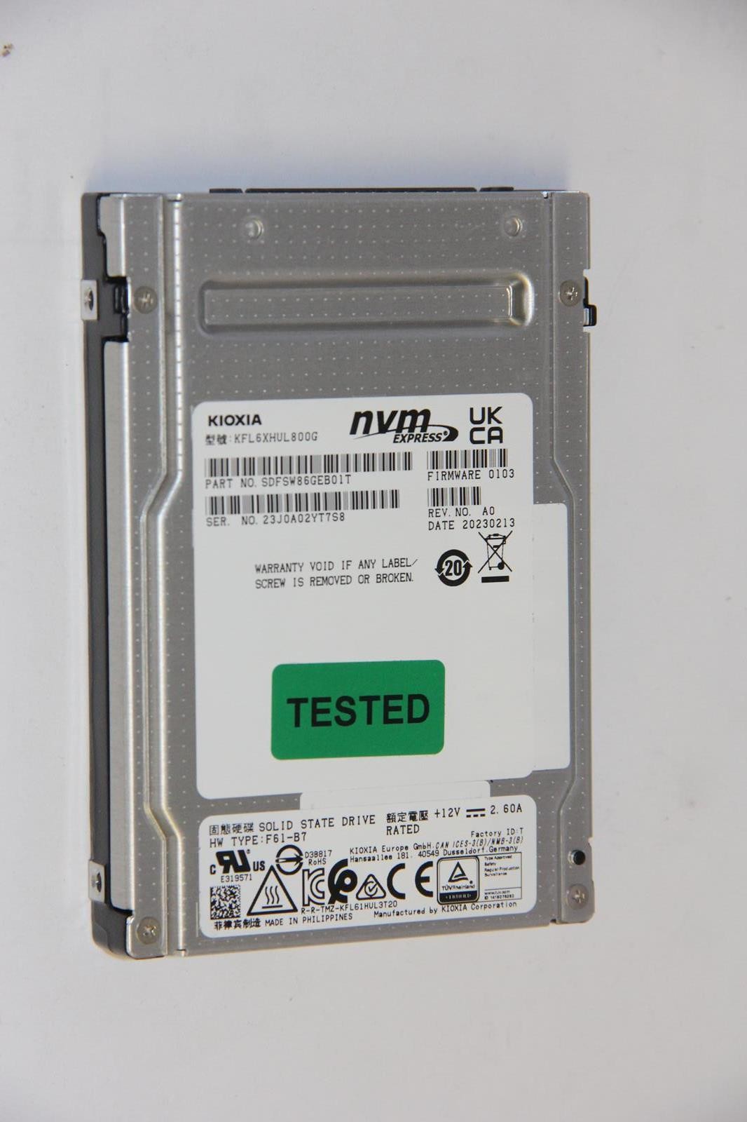 KIOXIA KFL6XHUL800G FL Series 800GB 2.5" NVME Solid State Drive "TESTED"