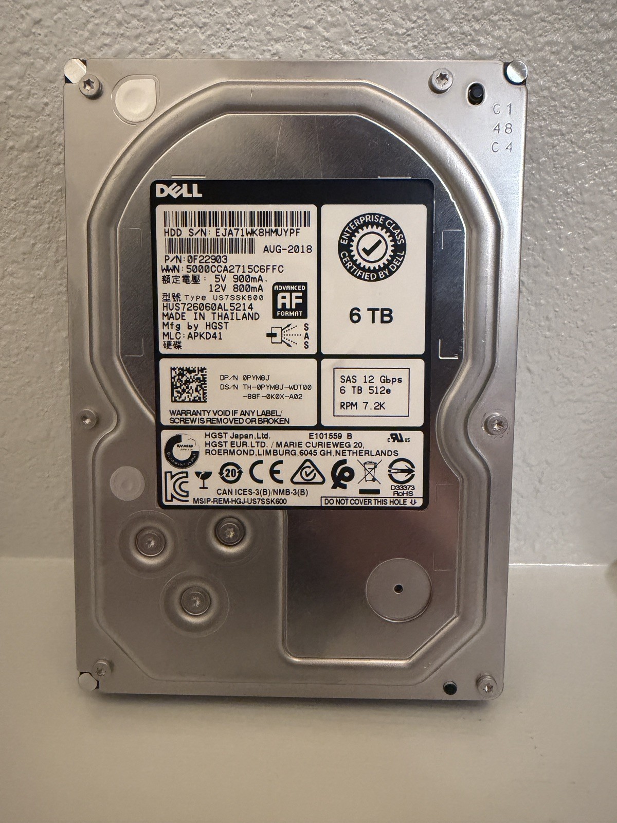 Dell Enterprise 6TB 7.2K NL SAS 12Gb/s 3.5" Hard Drive HDD HUS726060AL5214 PYM8J