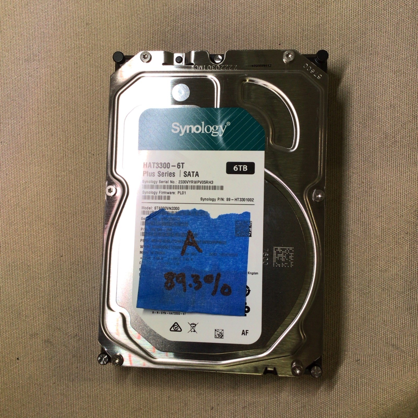 Synology 6TB Plus Series SATA III 3.5" HDD (HAT3300-6T) NIST WIPED Grade A