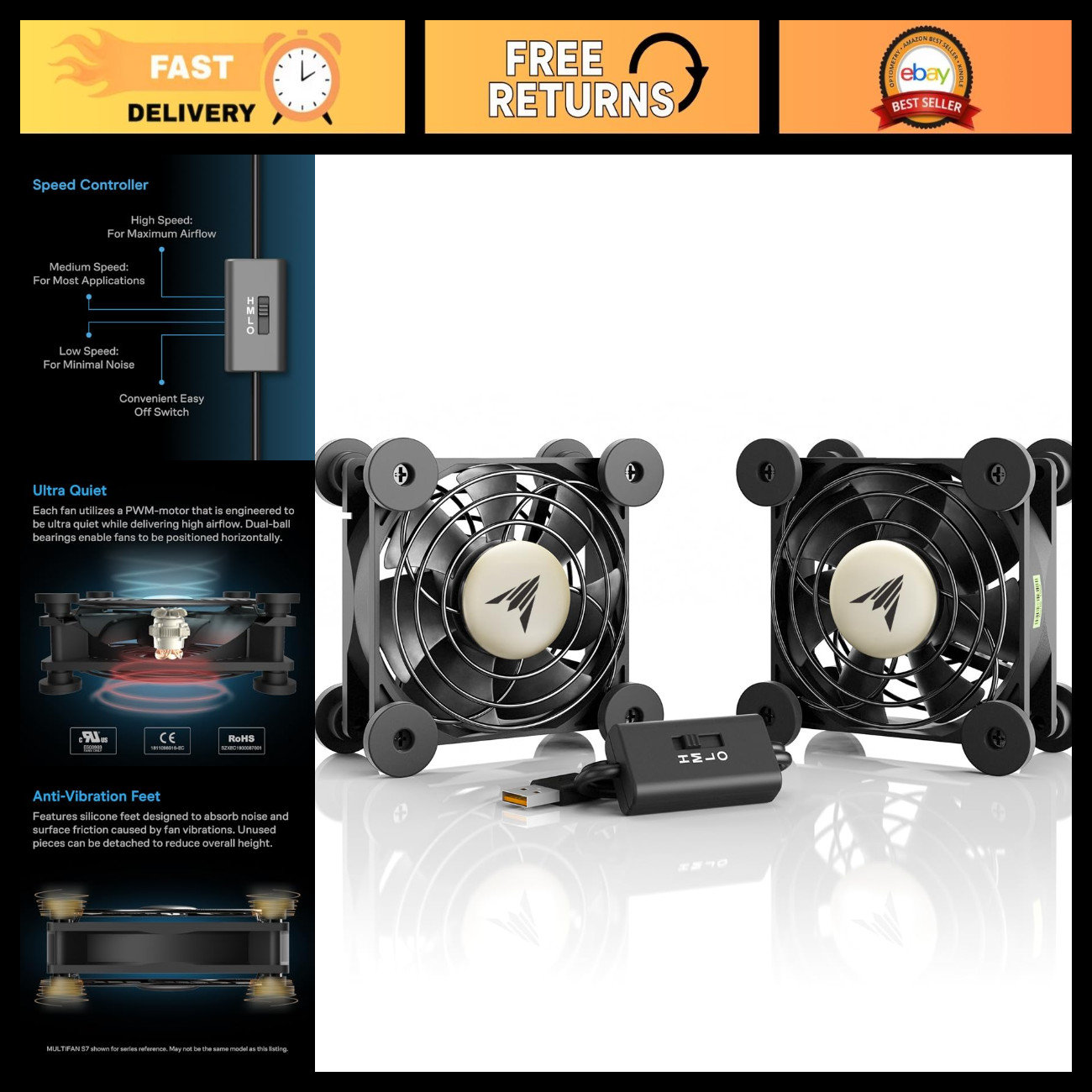 Ultra-Quiet Dual 80mm USB Cooling Fan with Speed Controller - Multi-Use Ventilat