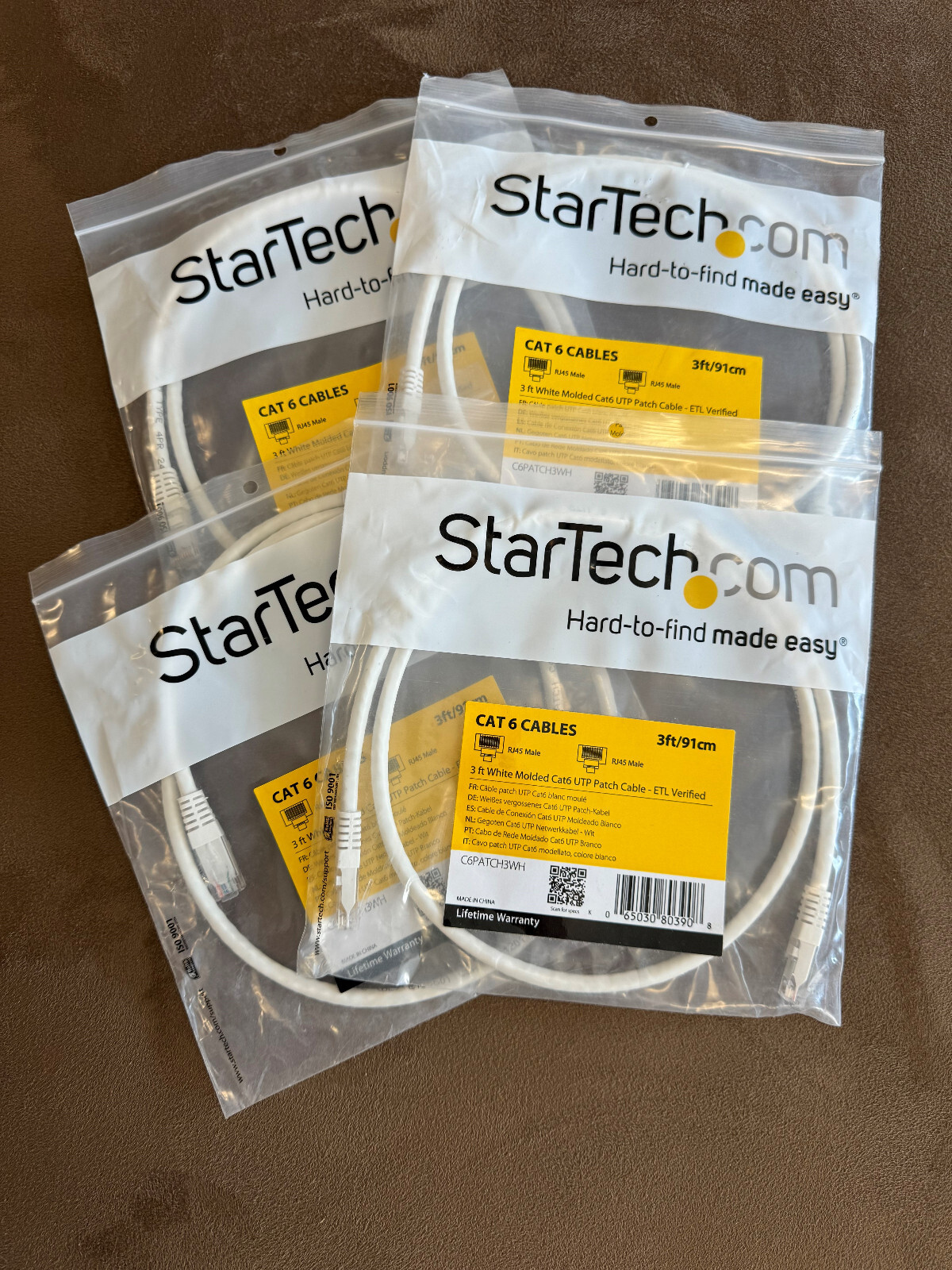  (4) Startech 3ft CAT6 Ethernet Cable - WHITE Gigabit CAT 6 Wire 100W PoE