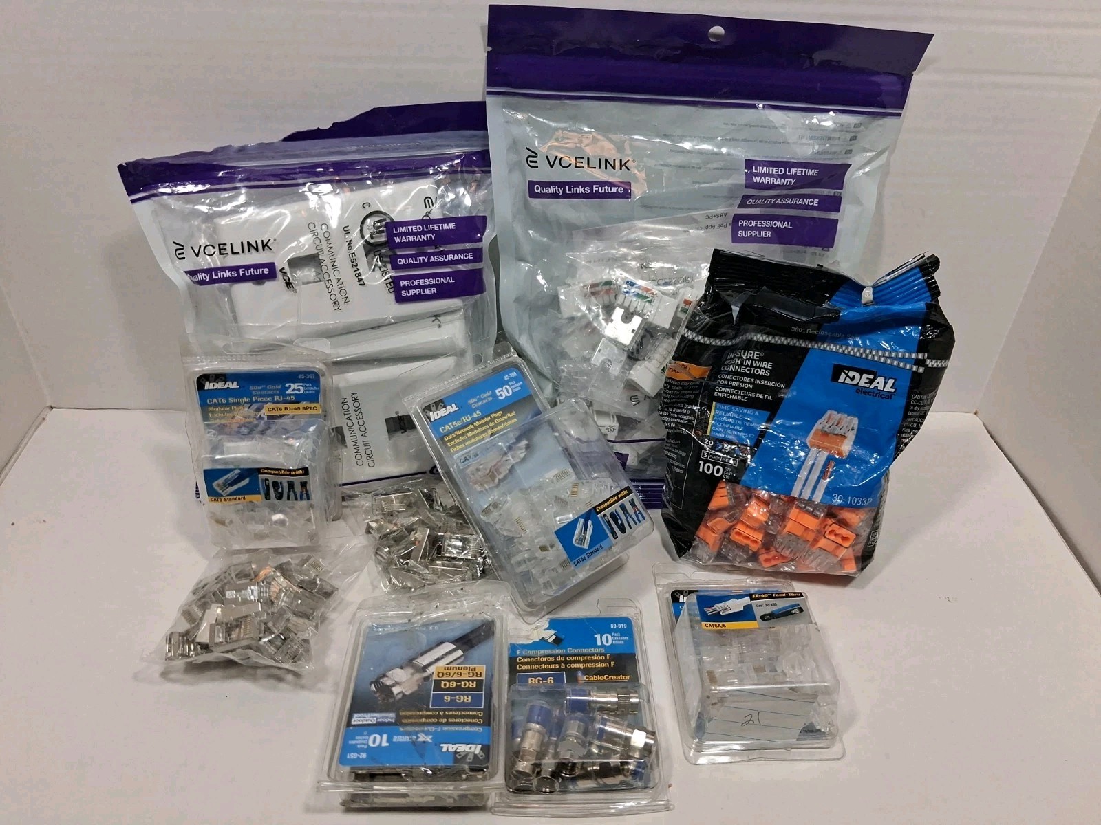 CAT6, RJ45, RJ-6 Wall Plate And Connector Lot Vcelink And Ideal 