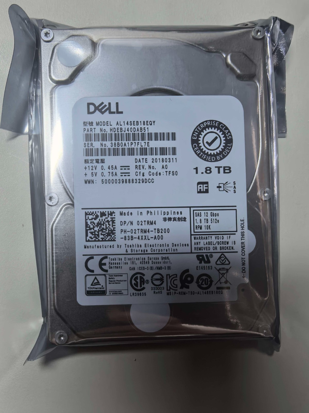 Dell 1.8TB 10K 02TRM4 2TRM4 12Gbps 2.5" SAS HDD Hard Disk Drive