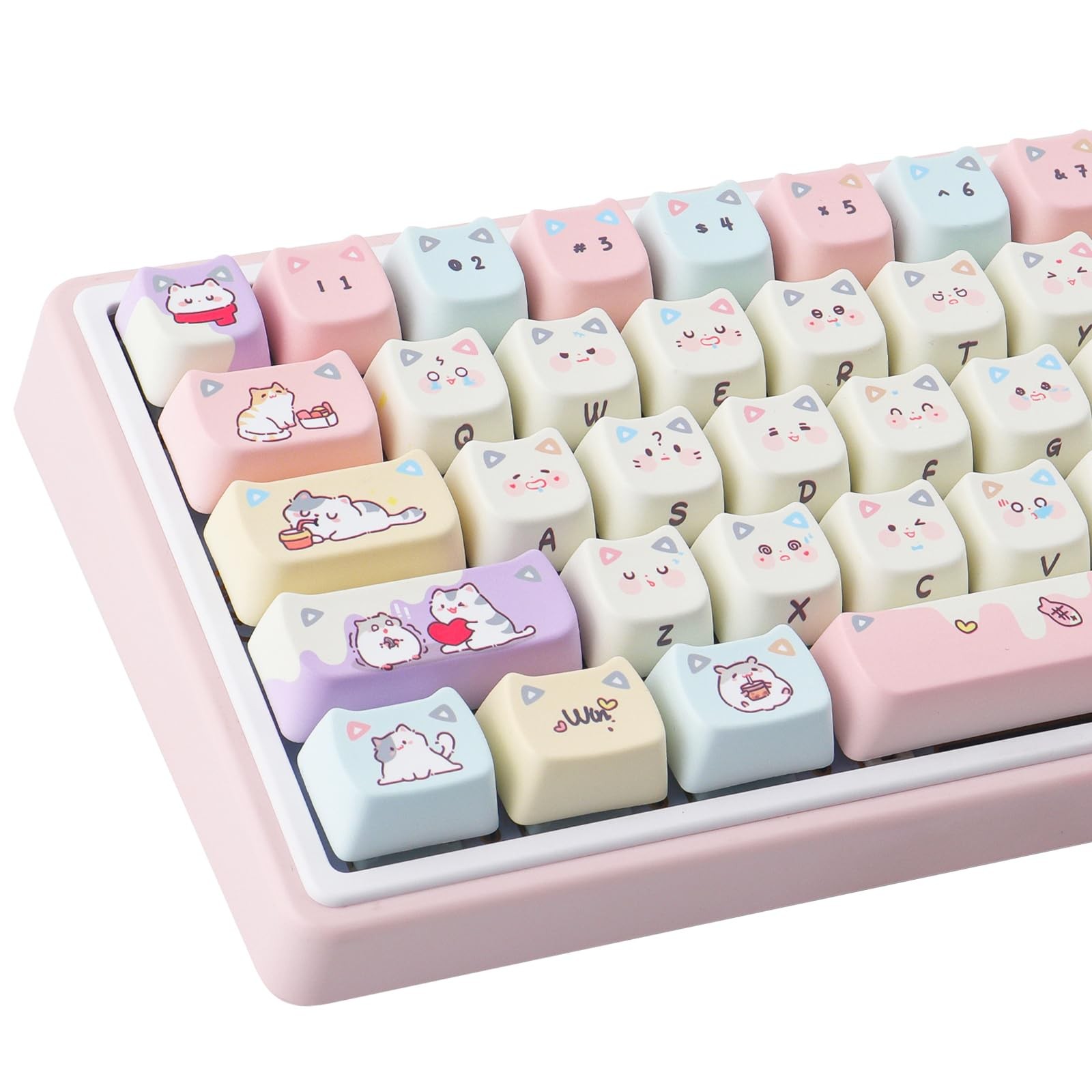 127 Keys Pink Cream Cute Hiding Cat PBT Custom Keycaps Mao Profile Dye Sub