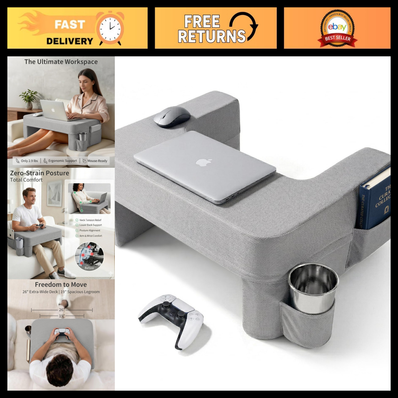 Large Ergonomic Lap Desk Pillow - Comfortable Couch & Bed Laptop Stand