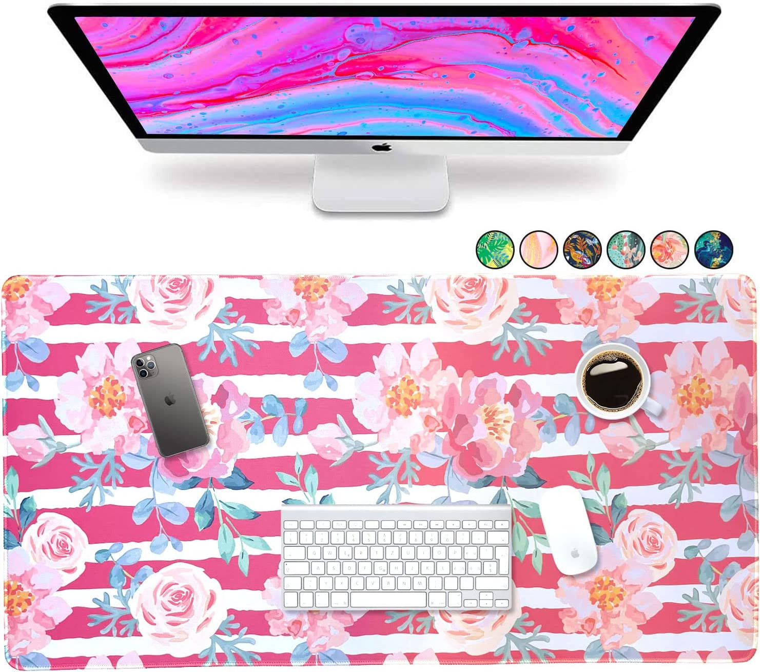 Large Mouse Pad Cute Decor Floral Pink Roses White Stripe 30"X15"