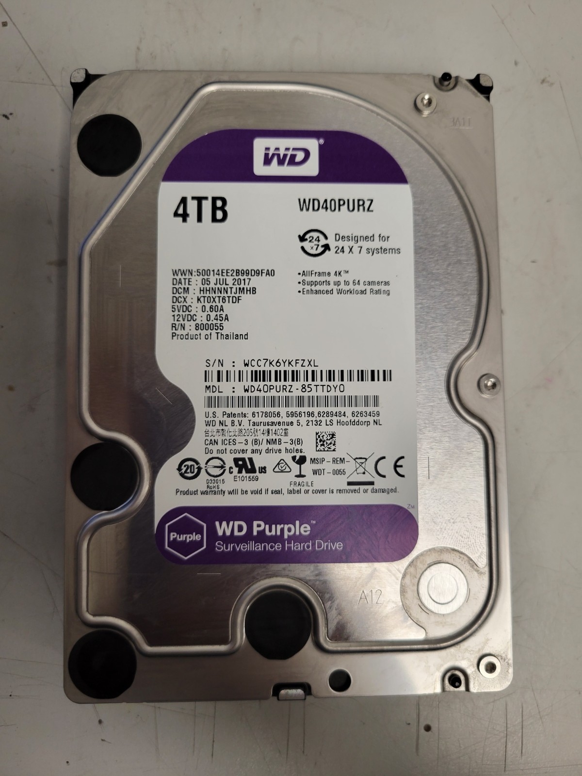 Wd purple surveillance 4tb WD40PURZ used tested WCC7K6YKFZXL