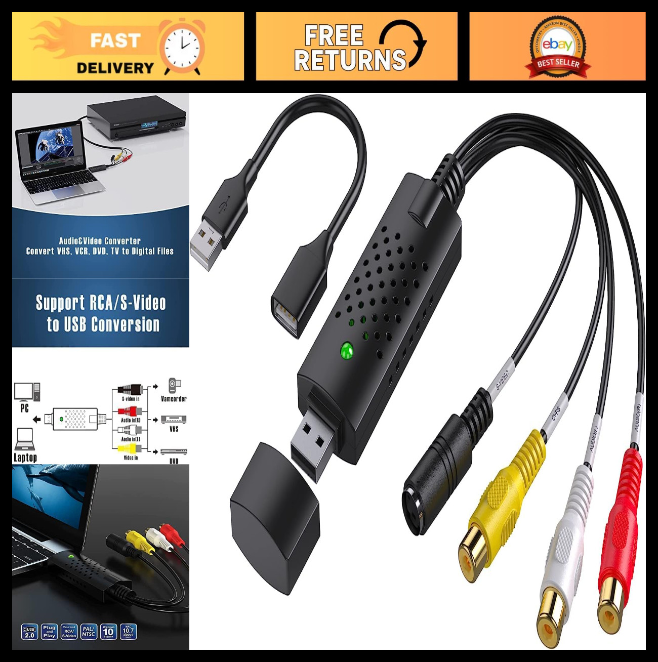 USB Video Capture Card - RCA to USB Converter for VHS, Mini DV, Hi8, DVD - PC/Ma