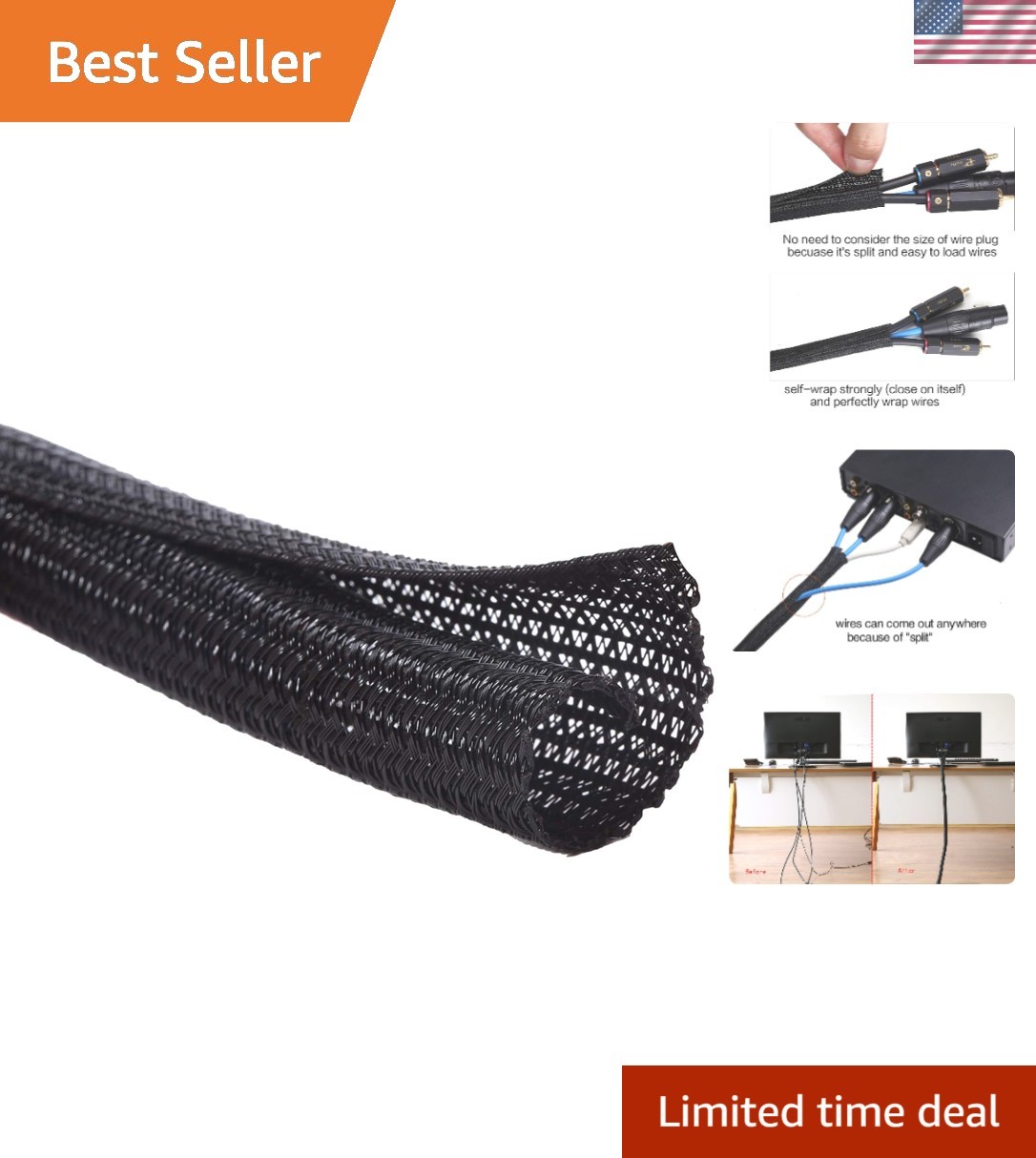 25ft - 3/8 inch Cord Protector Wire Loom Tubing Cable Sleeve Split Sleeving F...