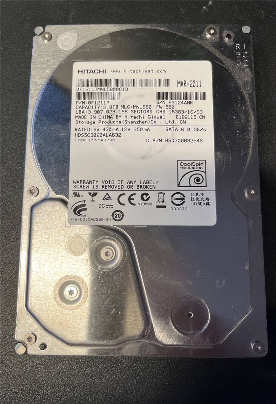 Hitachi, 2TB, HDS5C3020ALA632, SATA HDD Hard Drive (4)