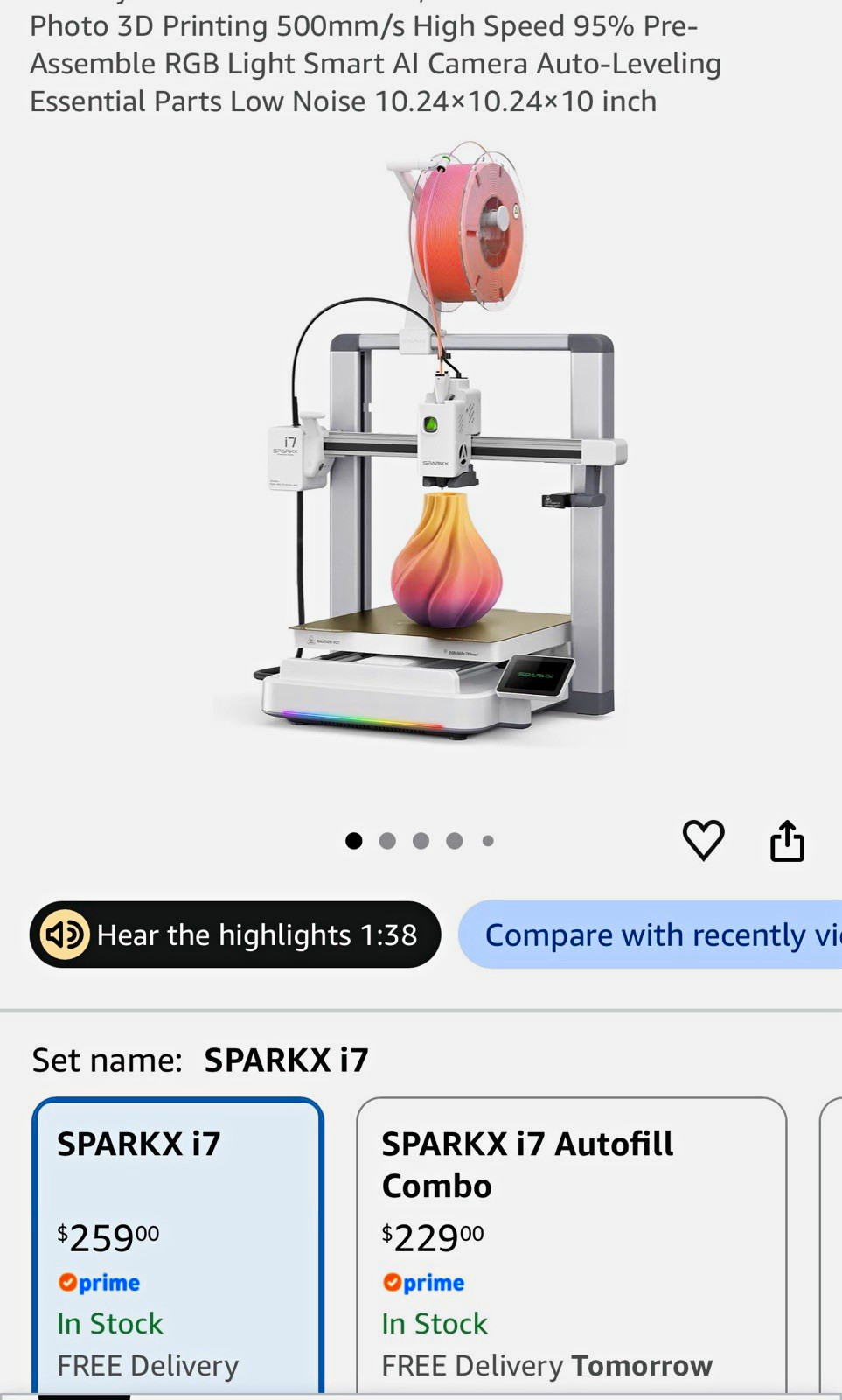 SPARKX i7 3D Printer 500mm/s High Speed Auto-Leveling AI Camera RGB Light