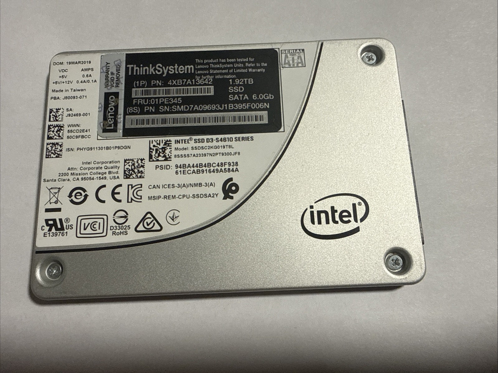 Lenovo Intel D3-S4610 1.92TB 2.5in SATA III Internal SSD SSDSC2KG019T8
