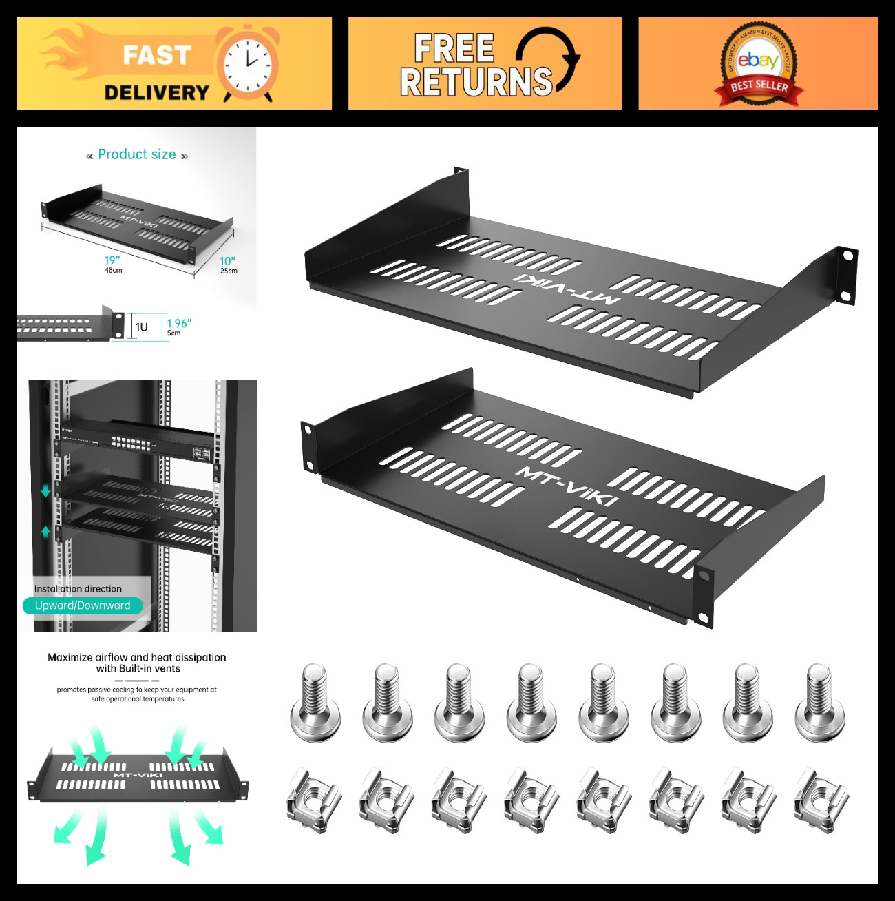 19" Rack Shelf 1U Server Tray, 10" Deep Vented Cantilever Mount - 2 Pack