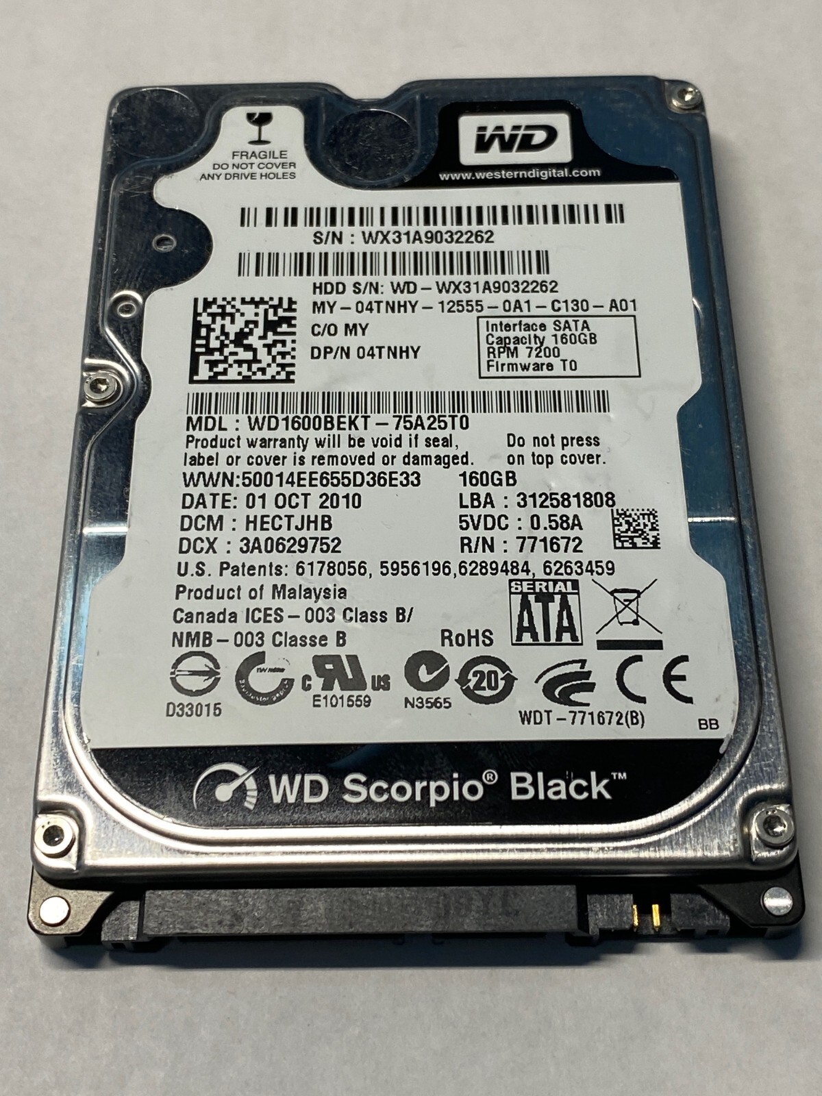 160 GB,Western Digital,  WD1600BEKT 7200RPM 16MB 2.5" SATA Laptop HDD