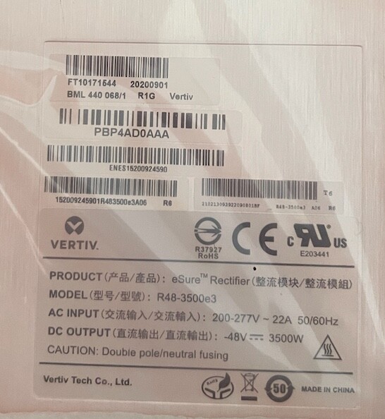High Efficiency 3.5 kW Power Supply: vertiv esure rectifier RG1 BML 440 068/1