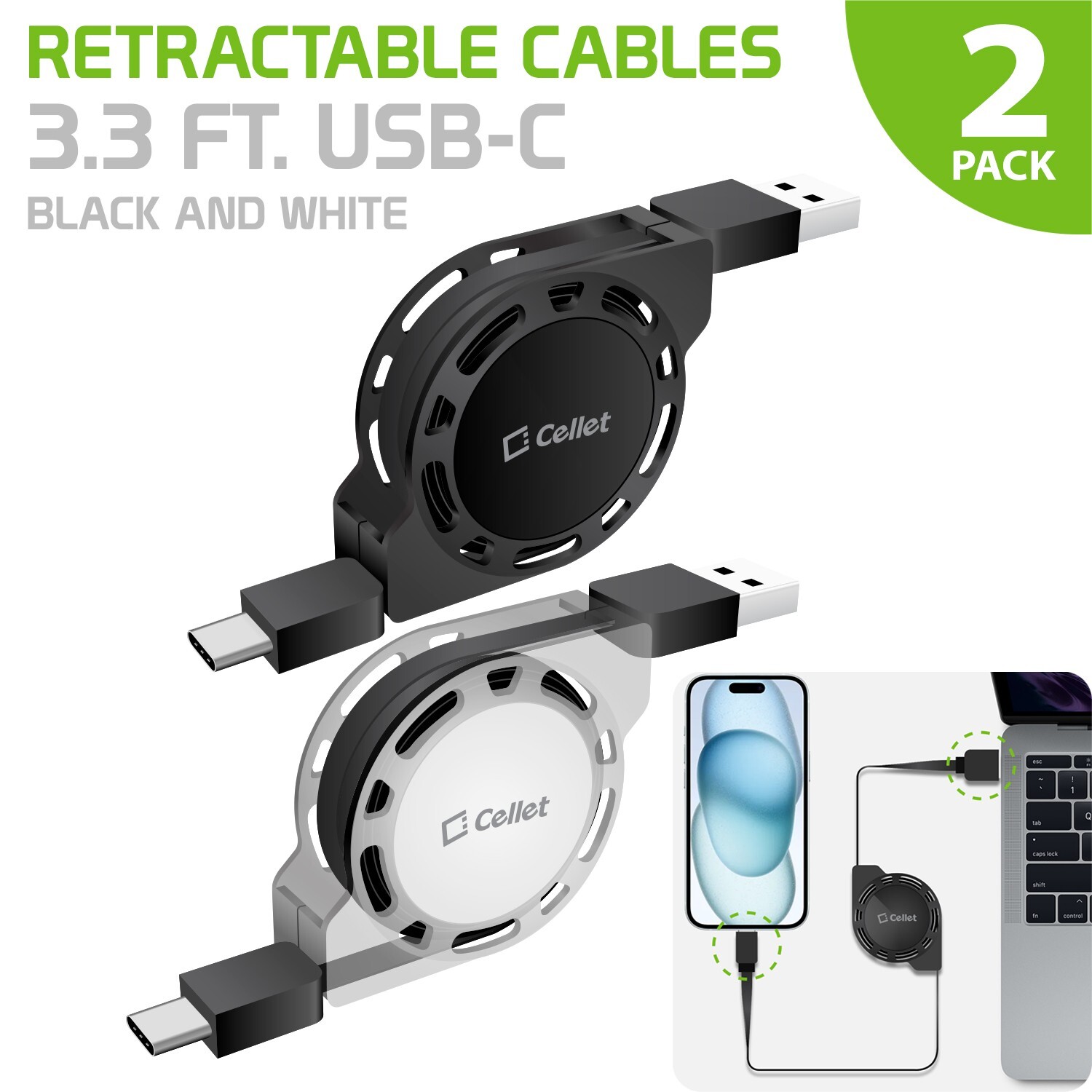 Cellet USB-C Retractable Data Cable / Sync & Charge Cord (USB-A to USB-C) 2Pack
