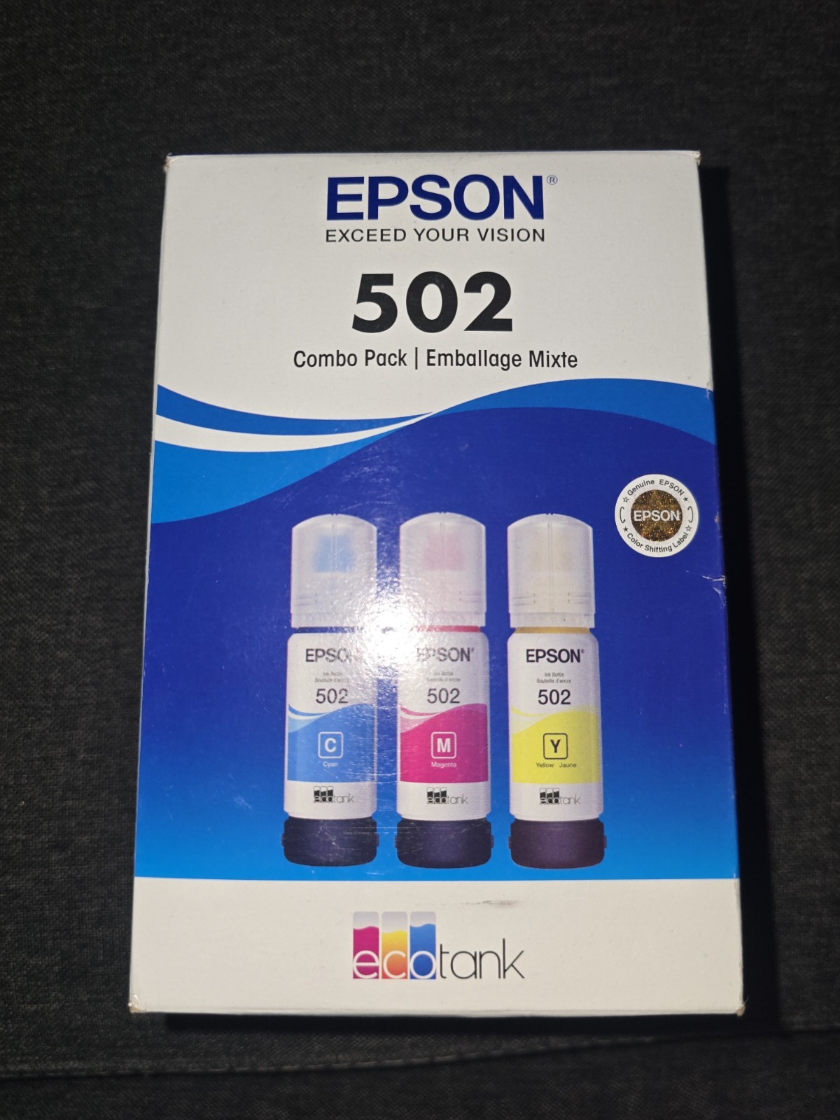 Epson EcoTank Ink 502 Combo Pack Cyan Magenta Yellow Exp. 4/26  Box Damage