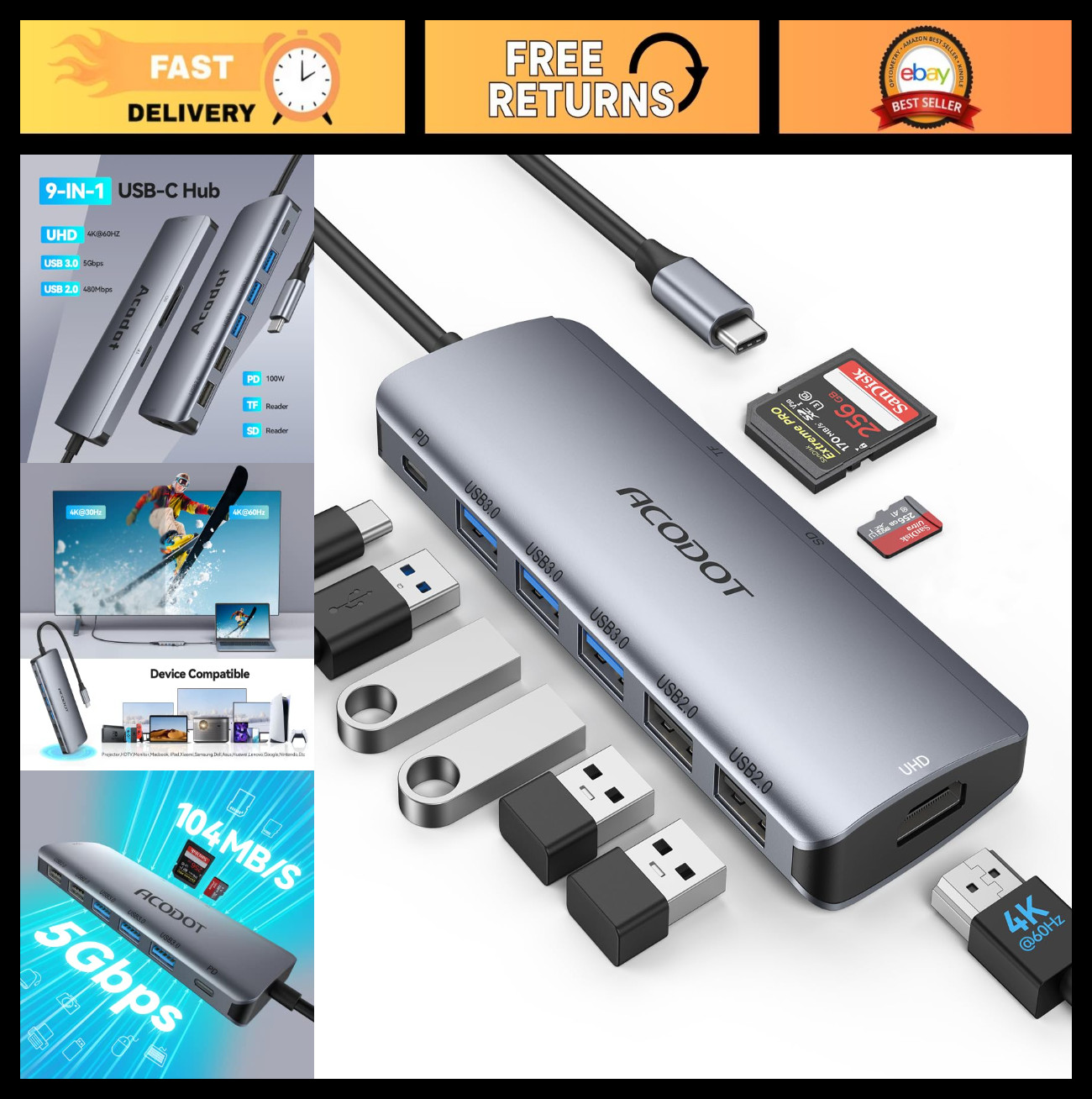 9-in-1 USB C Hub Adapter, 4K HDMI, 3 USB 3.0 Ports, SD/TF Card Reader, 100W PD