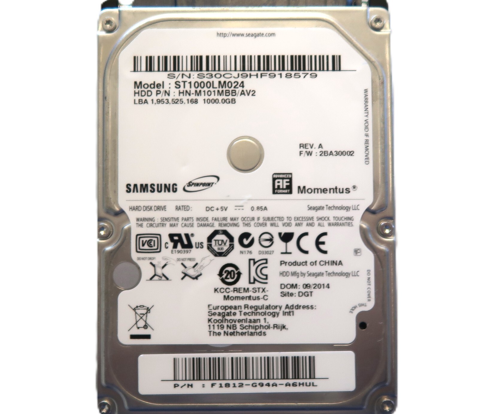 Samsung ST1000LM024 HN-M101MBB/AV2 2BA30002 F1812-G94A-A6HUL 2.5" 1TB 09/2014
