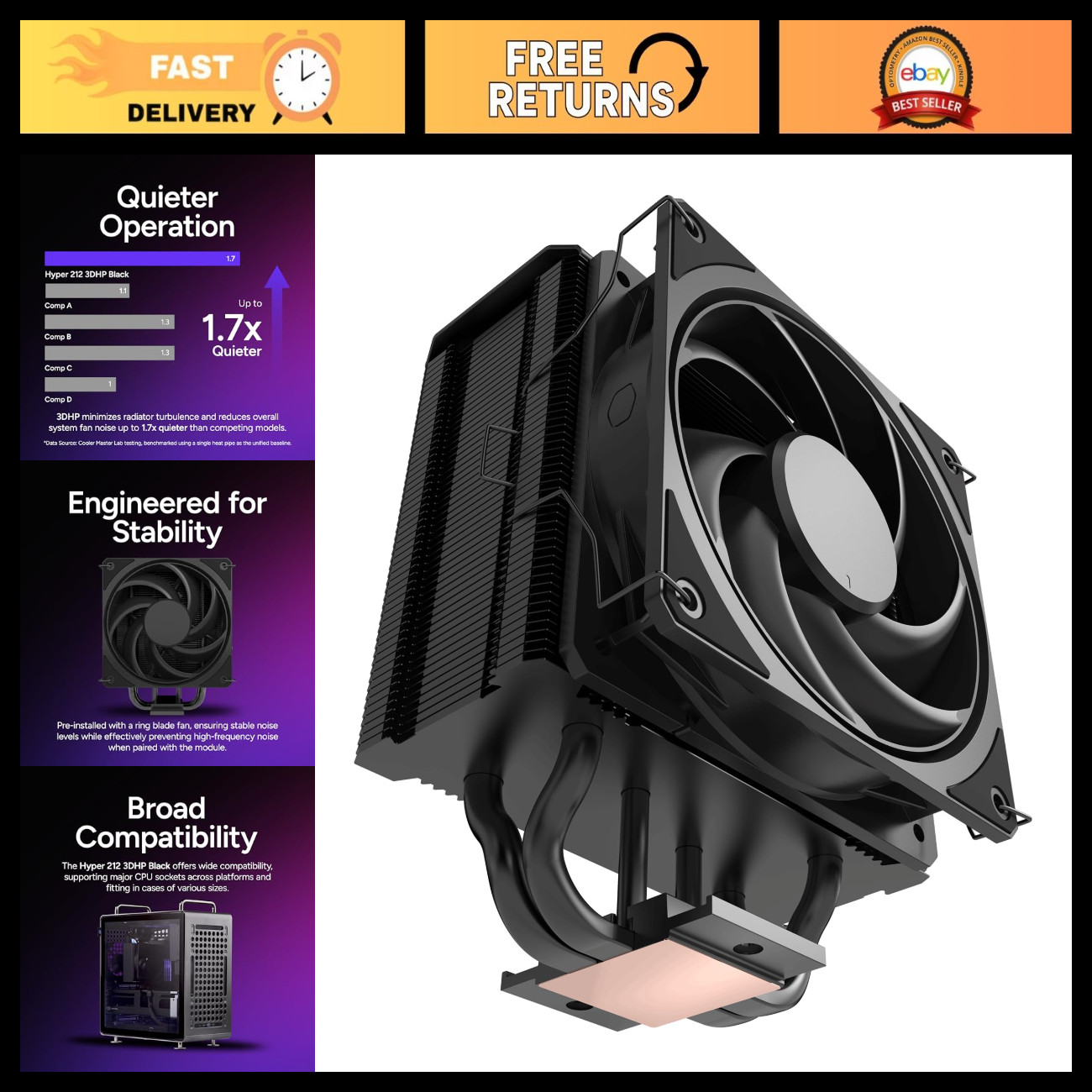 High-Performance CPU Air Cooler, 3DHP Cooling Technology, PWM Fan, Silent Operat