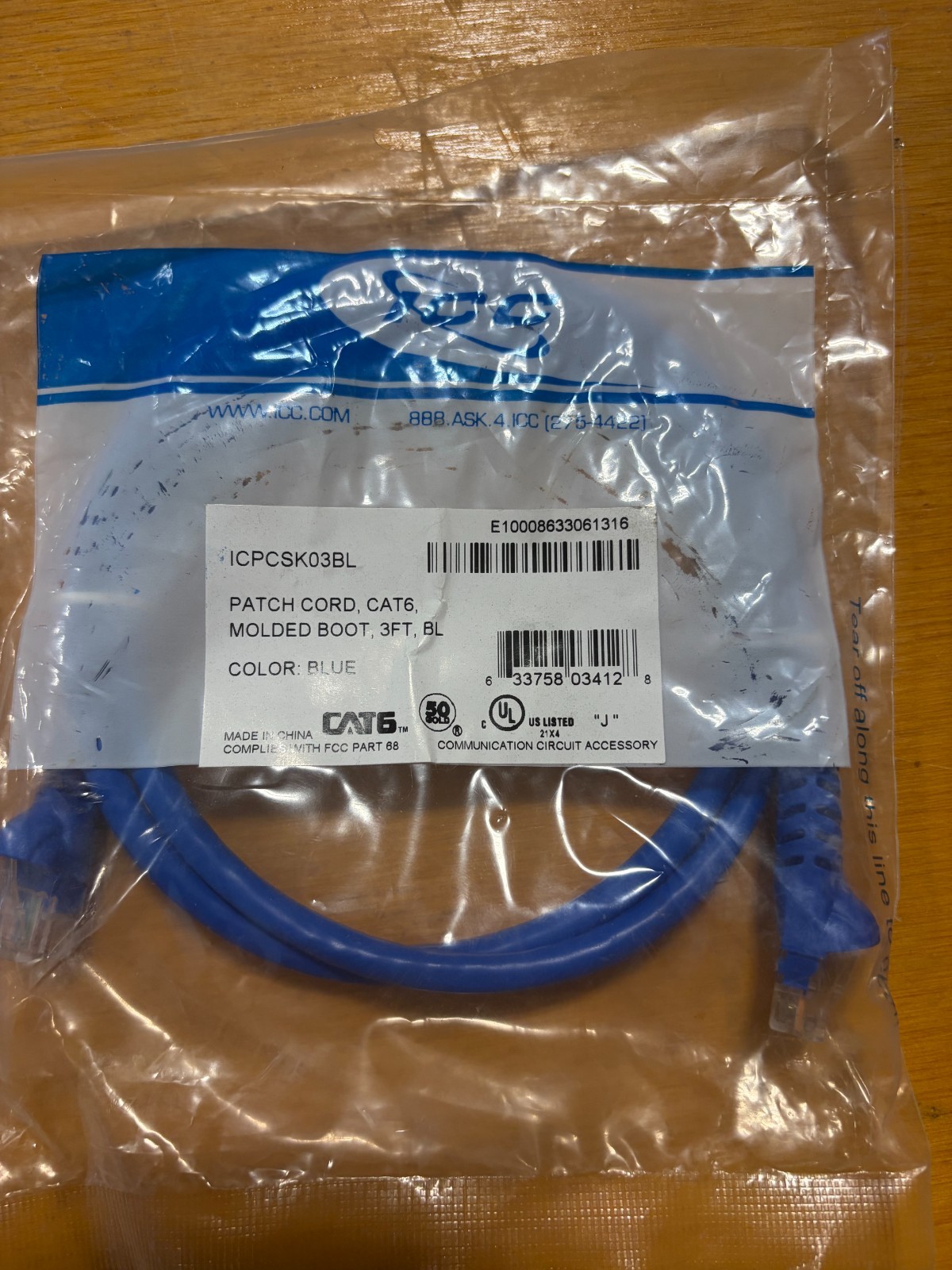 ICC	ICPCSK03BL	ICC Cat6 Patch Cable 3FT Blue