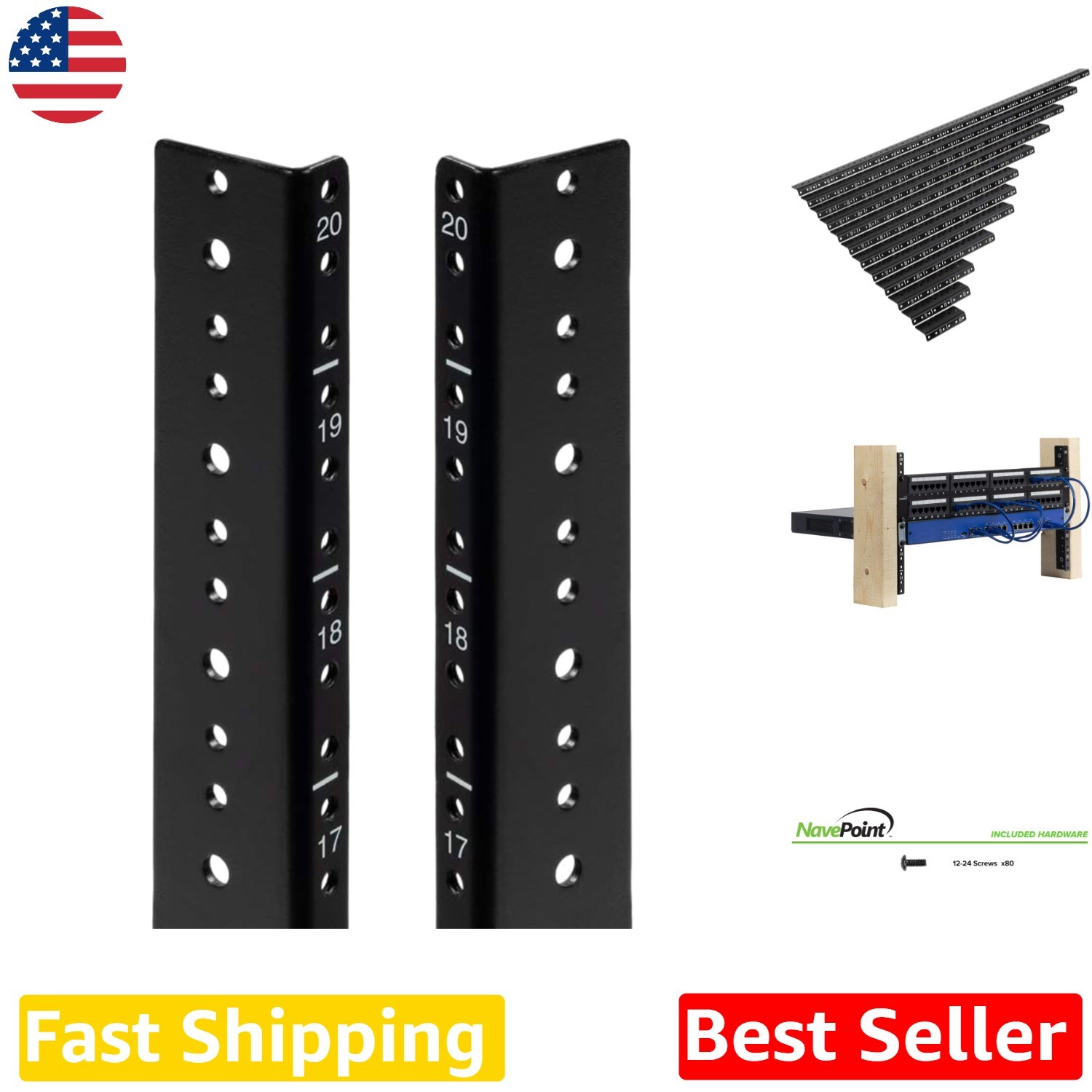 Versatile 20U Rack Mount Rails - Black Alloy Steel, DIY Kit, Network Equipment