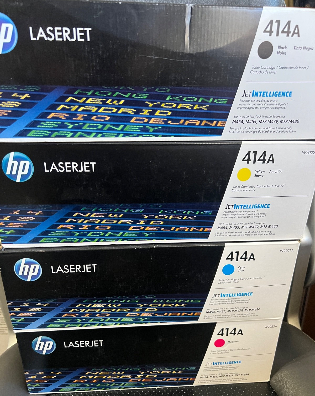 New, sealed, OEM HP 414A CMYK toner set (W2020A-W2023A) - Excellent
