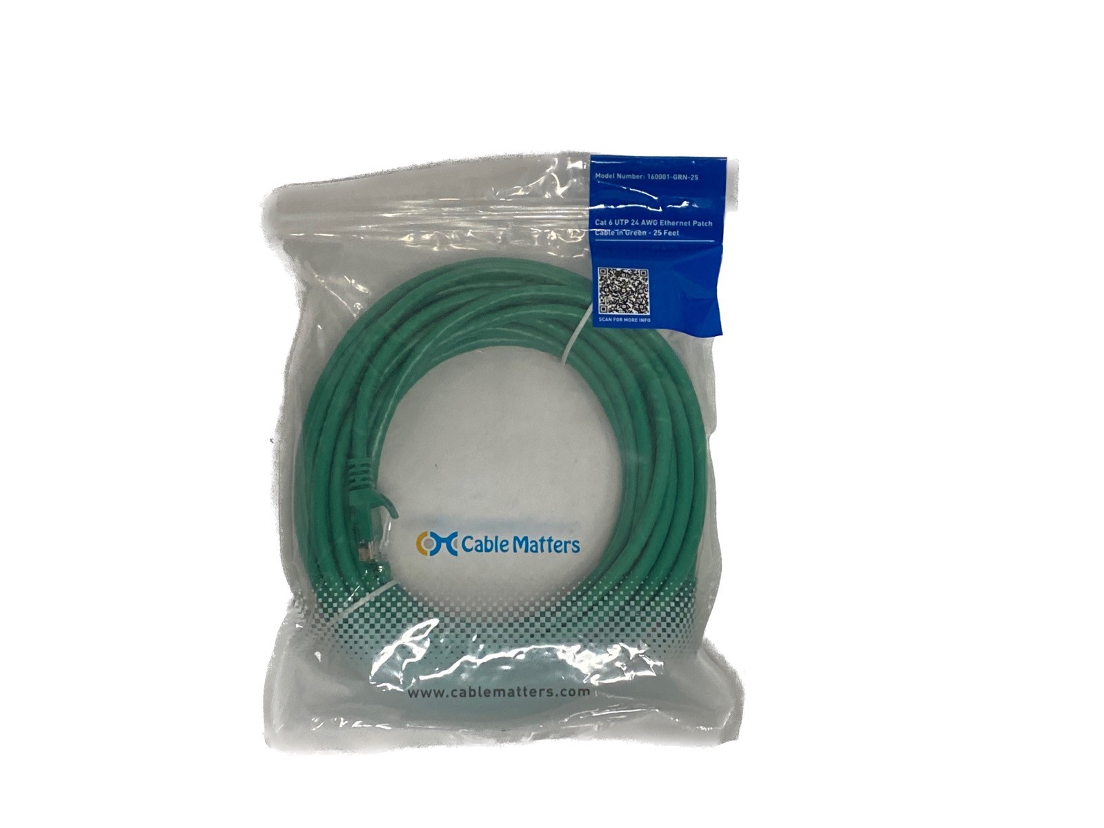 NEW IN BAG Cable Matters 25 feet Cat 6 UTP 24 AWG Green Ethernet Patch Cable