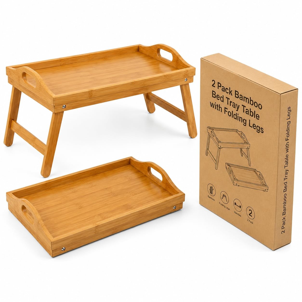 2 Pack Bamboo Bed Tray Table with Folding Legs – Wooden Breakfast Serving Tra...