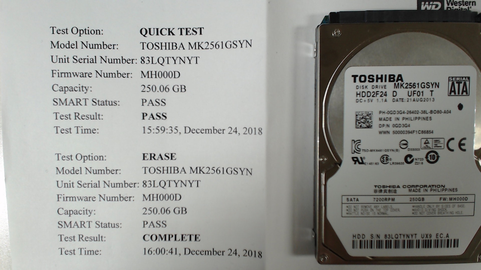 SETof 3 250GB HDDs Hitachi/Toshiba 5400  - 7200RPM 9.5mm