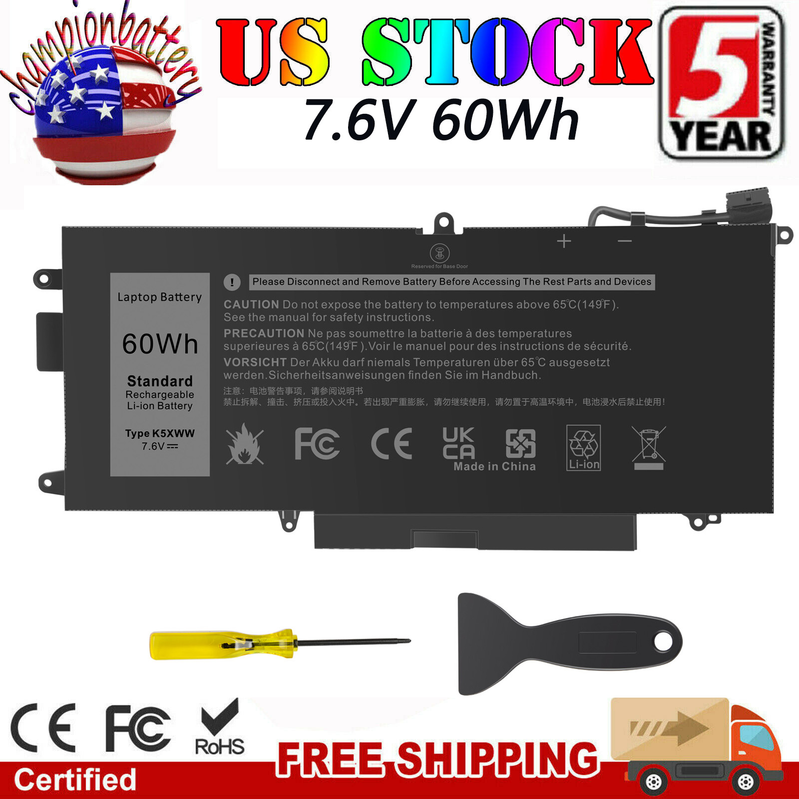 K5XWW 71TG4 Battery for Dell Latitude 13 7389 7390 5289 2-in-1 Series 7.6V 60Wh 
