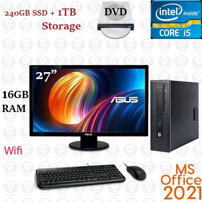 Window 11 HP i5 240GB SSD + 1TB 16GB 27" LCD WiFi Desktop Computer Office21