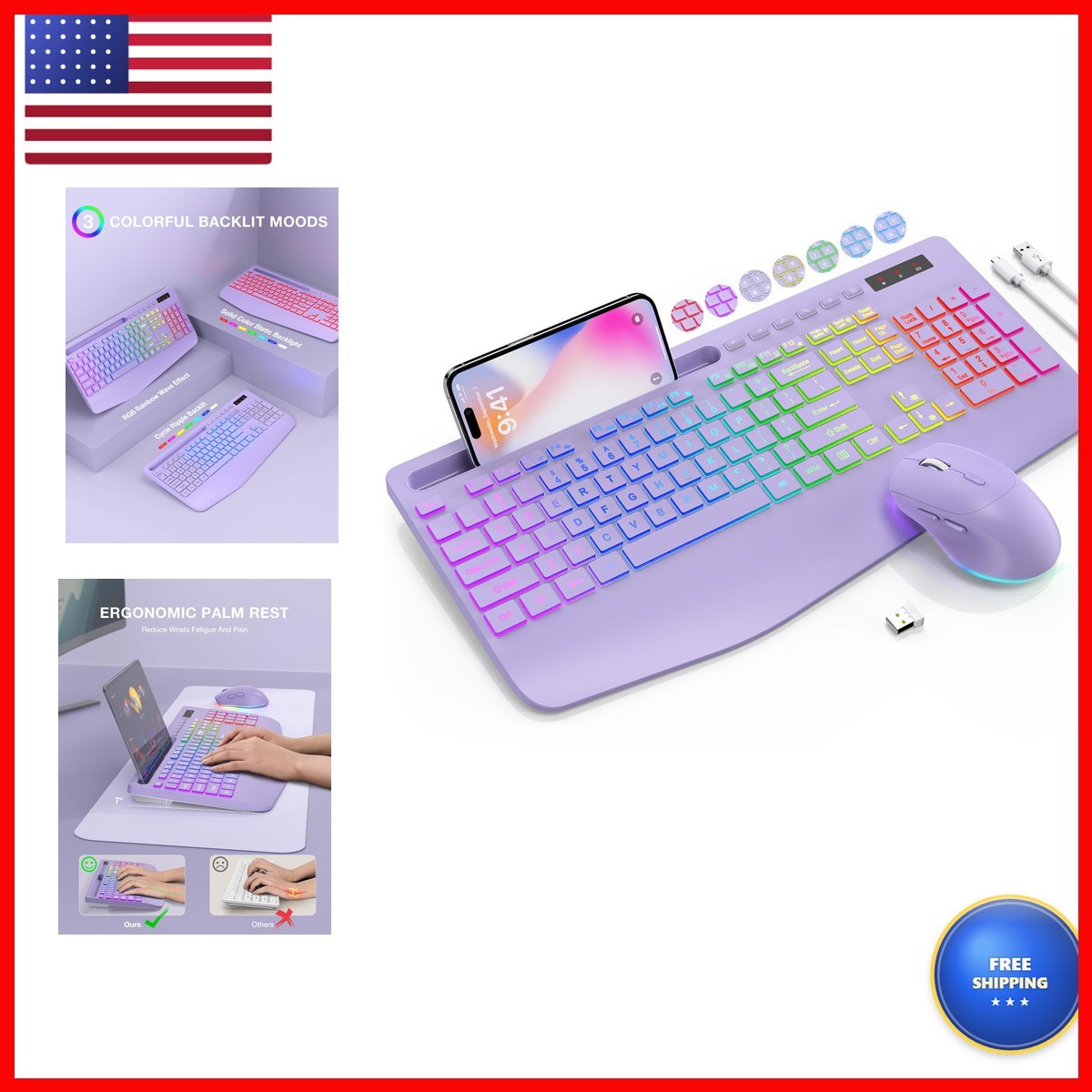 SABLUTE Wireless Keyboard and Mouse Combo 9 Backlit Effects RGB 2.4GHz