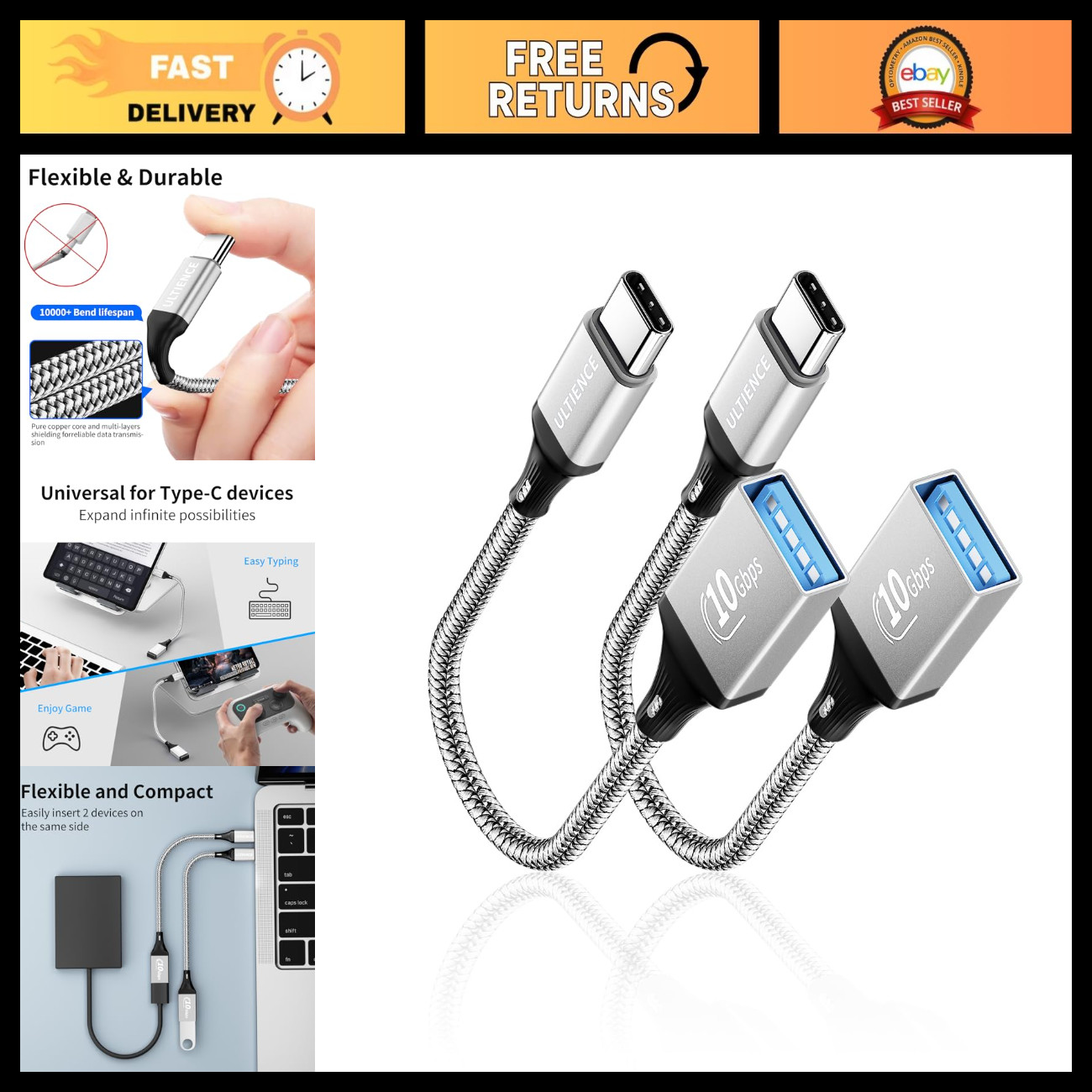 USB C to USB 3.0 Adapter 2 Pack - 10Gbps SuperSpeed OTG Cable for MacBook, iPhon