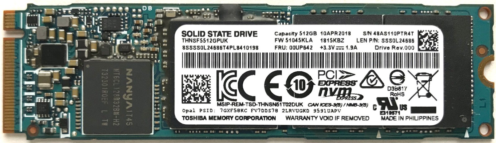 Toshiba 512GB M.2 2280 PCIe Gen3x4 NVMe SSD THNSF5512GPUK LEN P/N: SSS0L24686